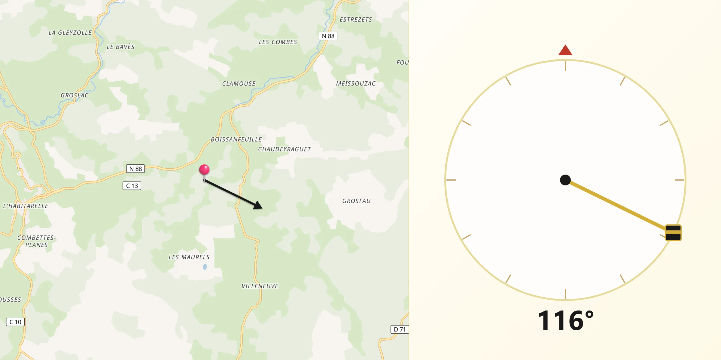 Direction vers la Qibla depuis Cheylard-l'Évêque