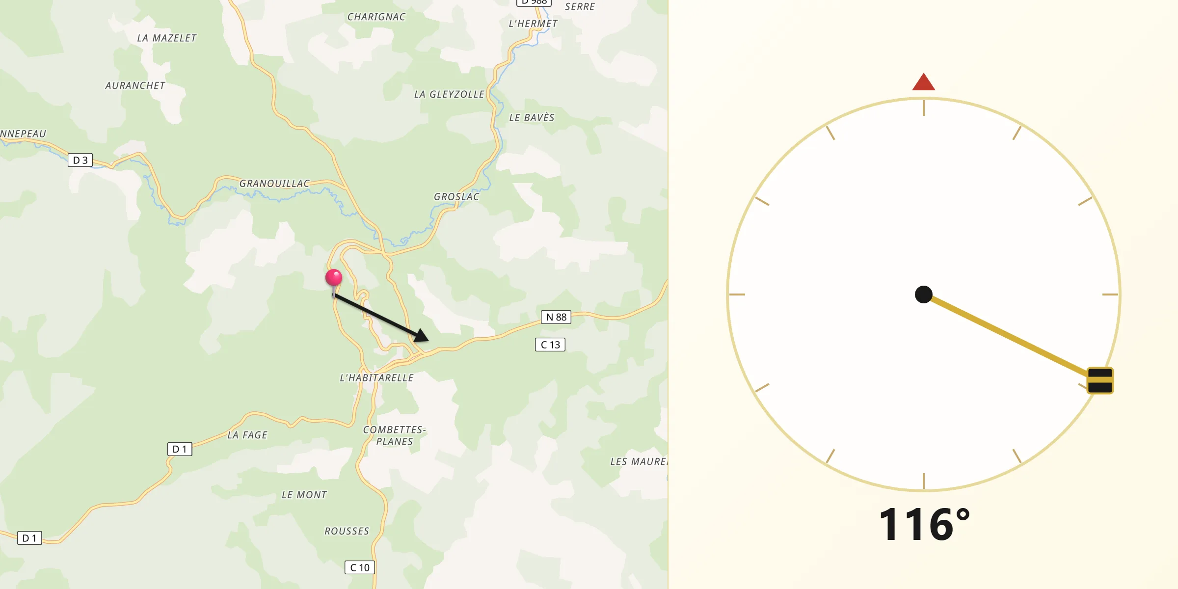 Direction vers la Qibla depuis Chaudeyrac