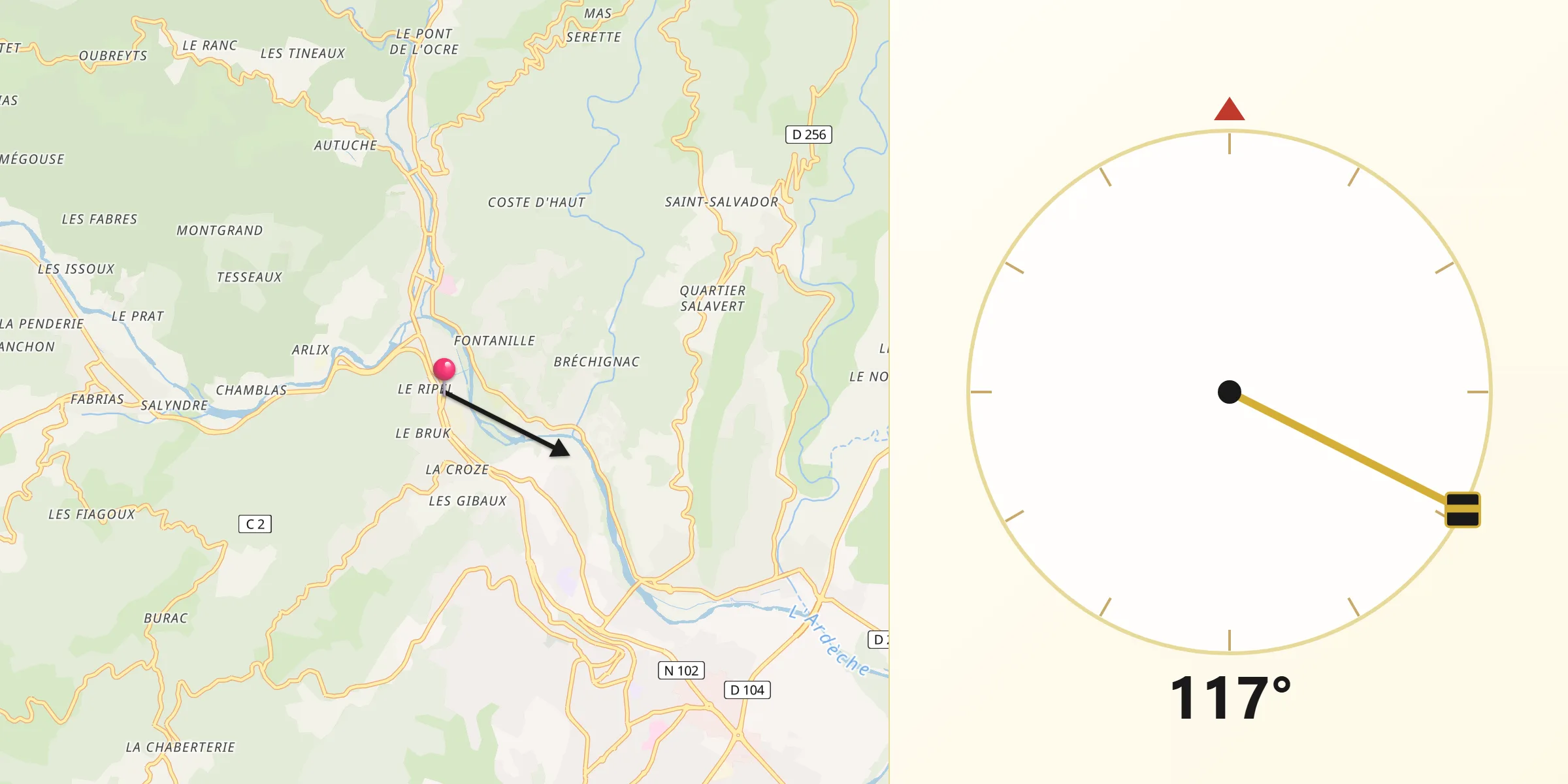 Direction vers la Qibla depuis Labégude