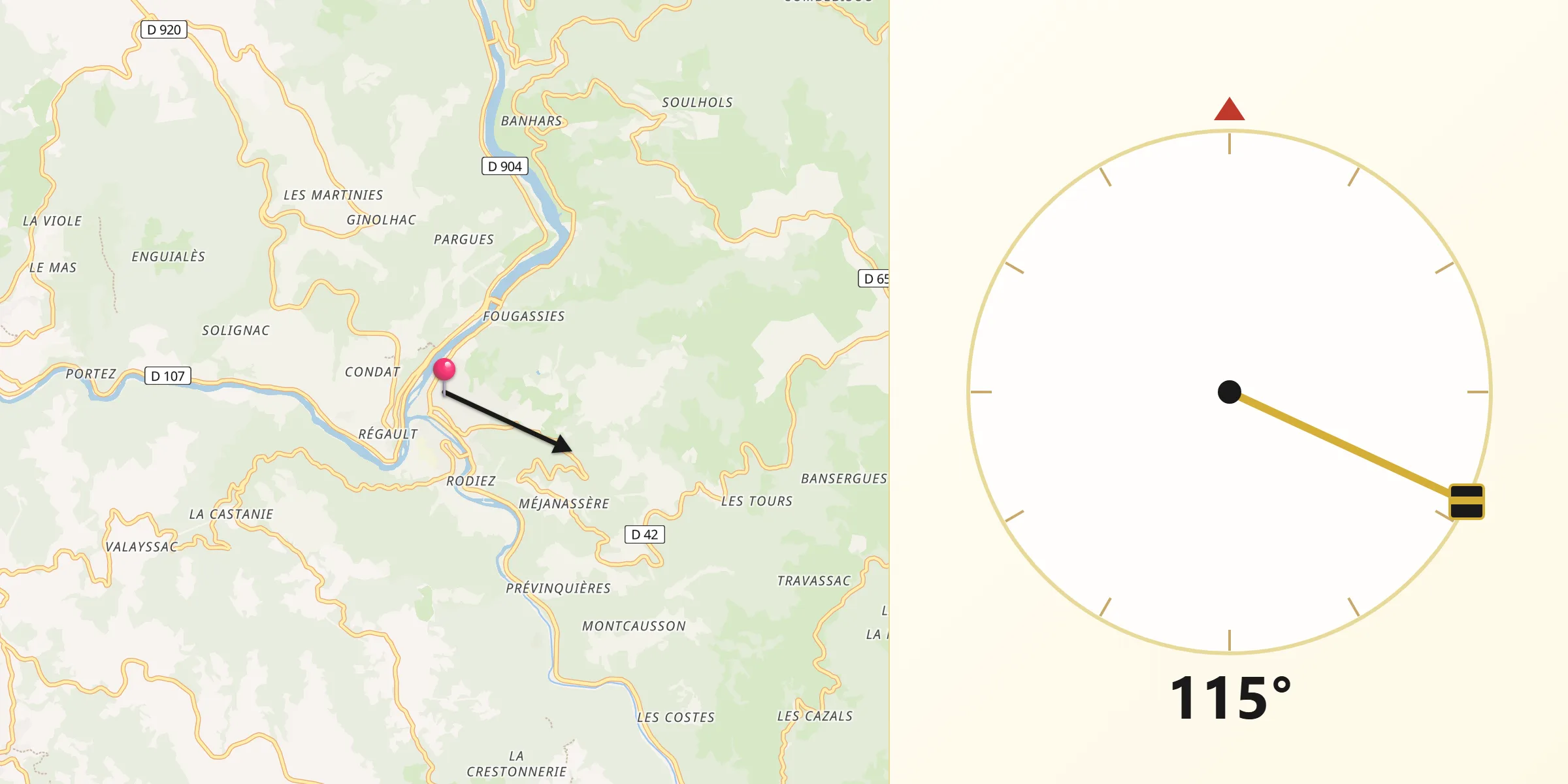 Direction vers la Qibla depuis Entraygues-sur-Truyère