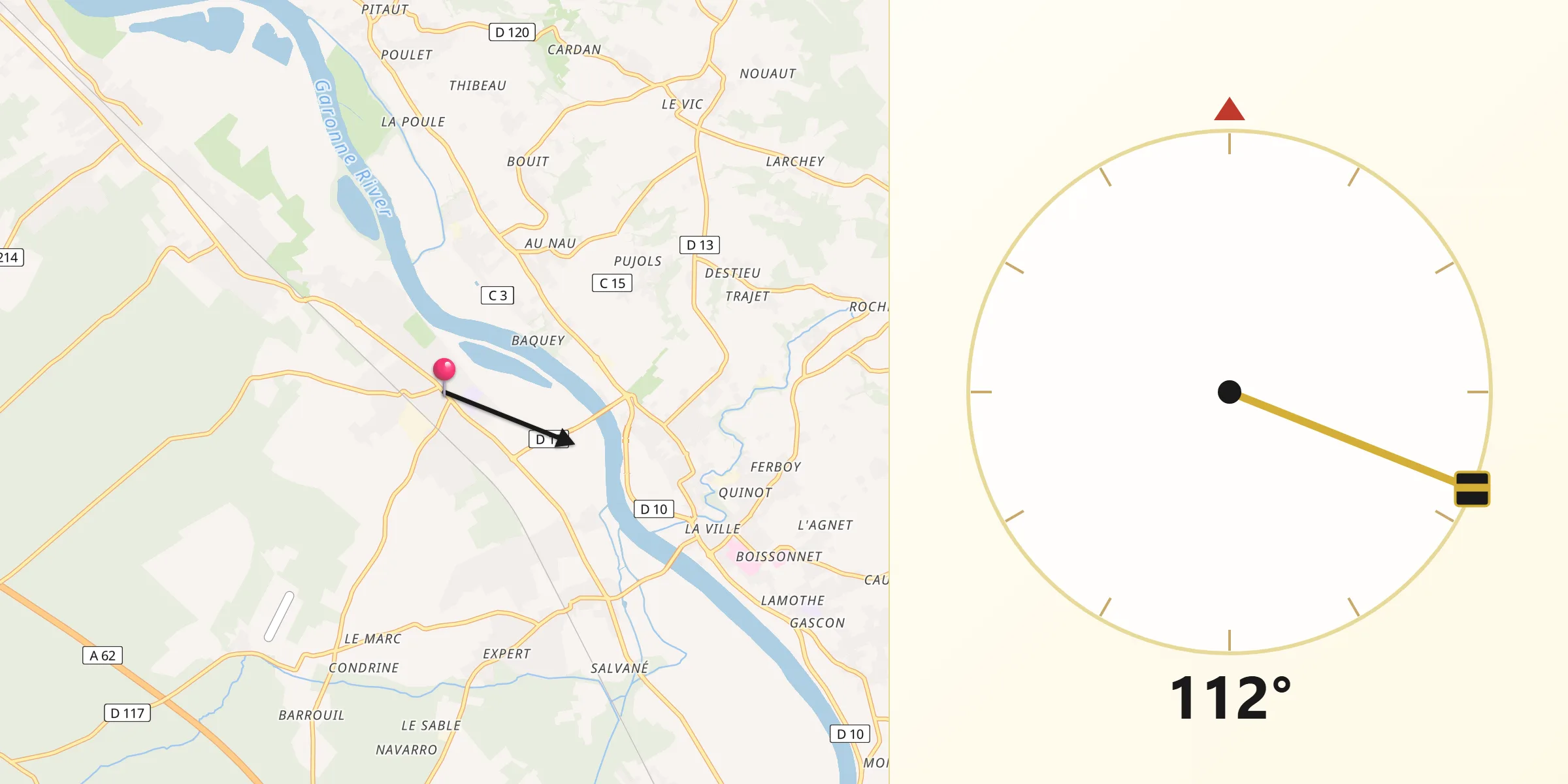 Direction vers la Qibla depuis Podensac