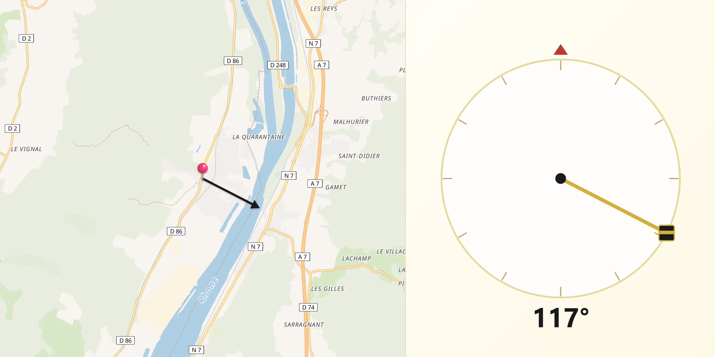 Direction vers la Qibla depuis Cruas
