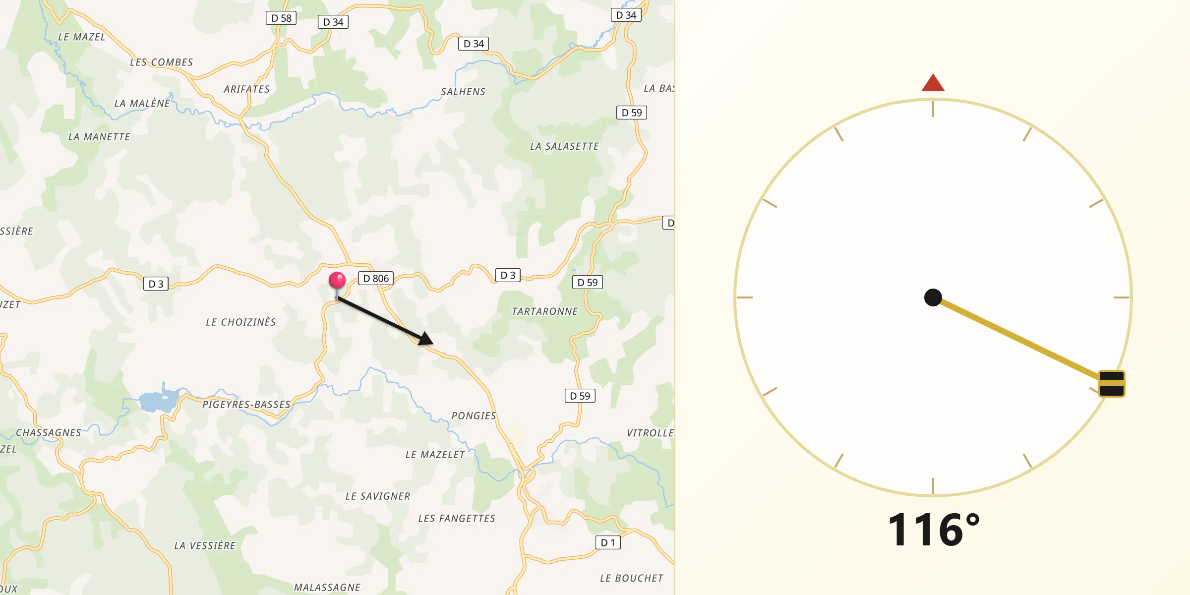 Direction vers la Qibla depuis Arzenc-de-Randon