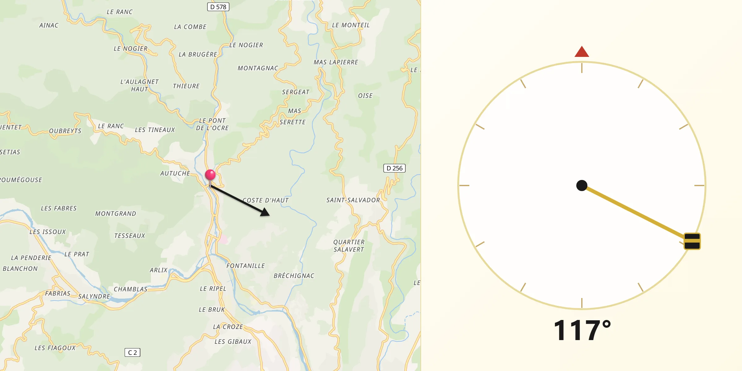 Direction vers la Qibla depuis Vals-les-Bains
