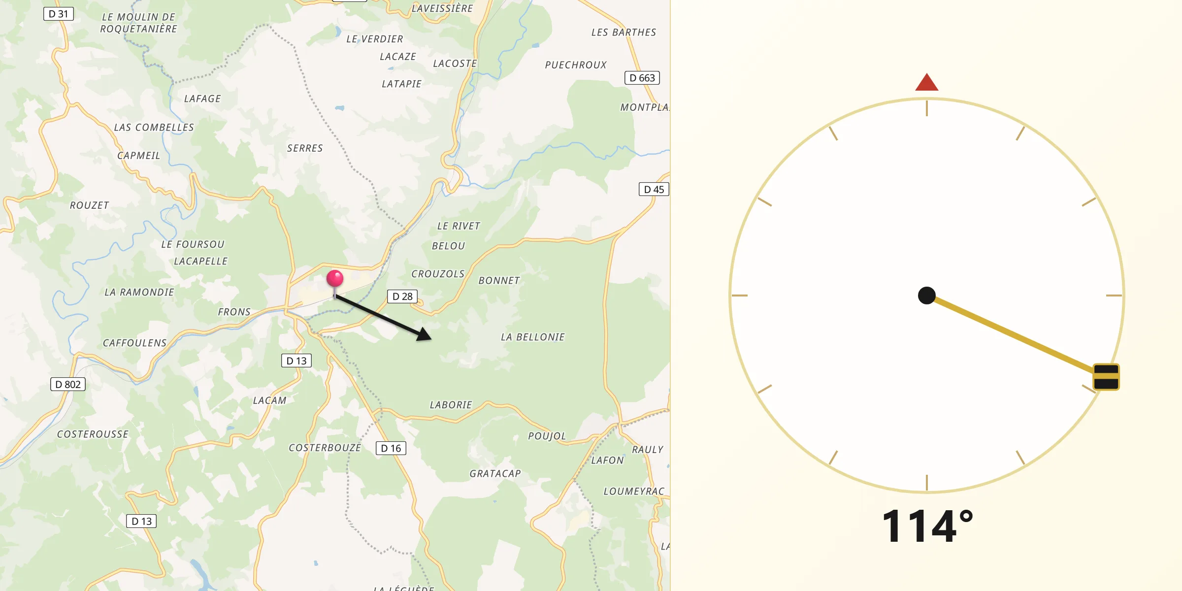 Direction vers la Qibla depuis Bagnac-sur-Célé