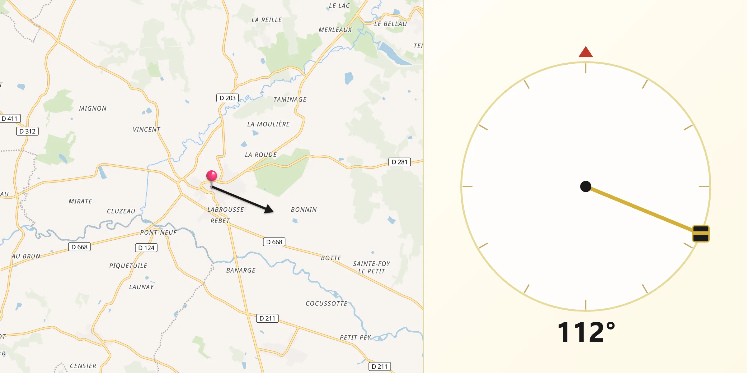 Direction vers la Qibla depuis Duras