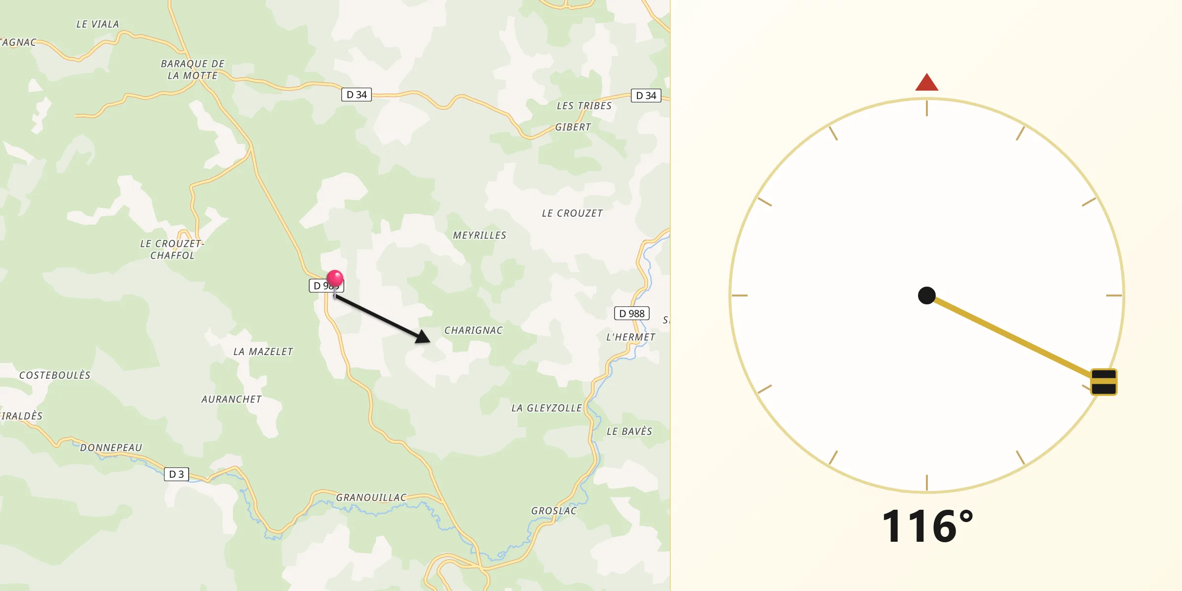 Direction vers la Qibla depuis Pierrefiche