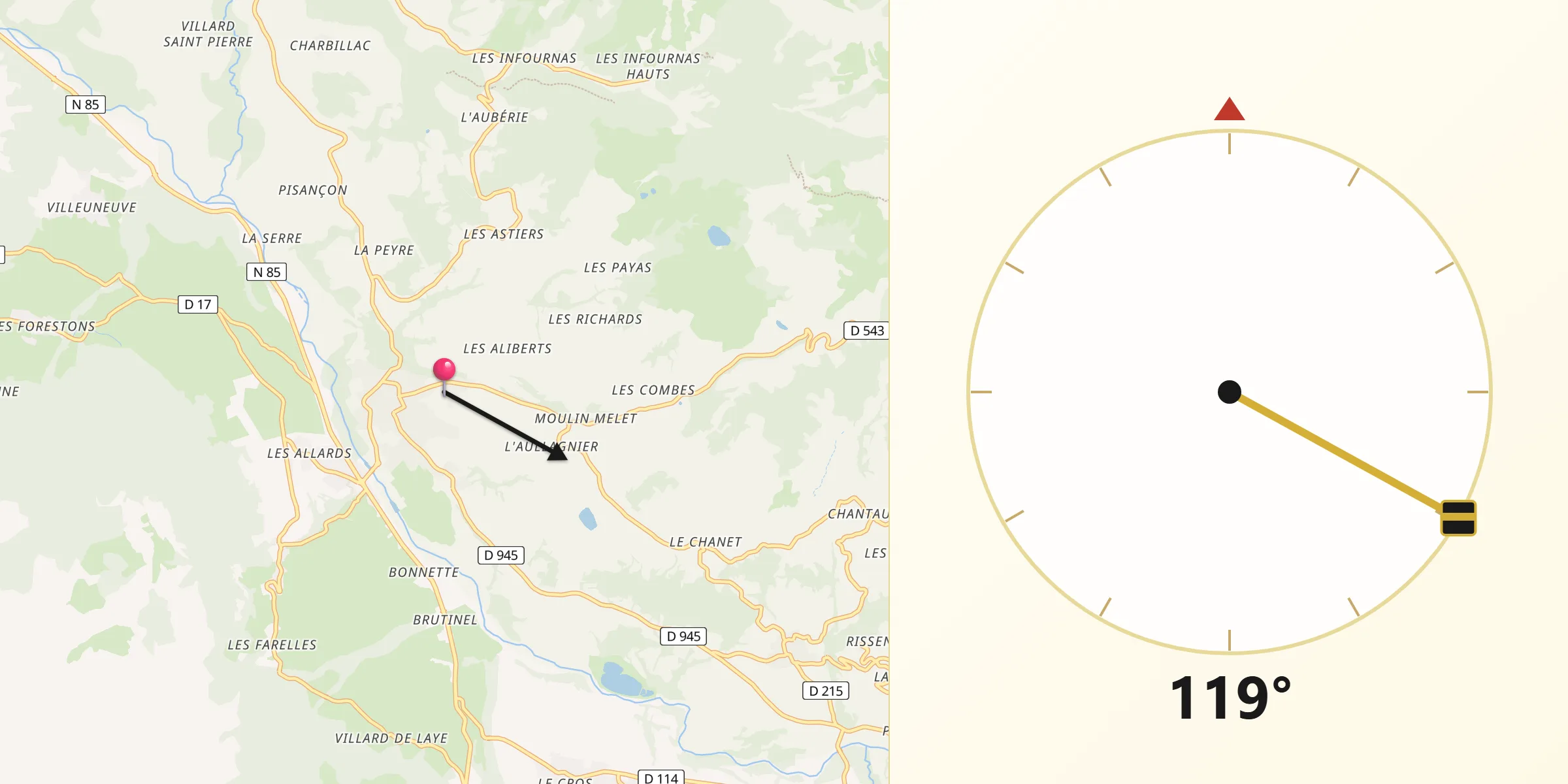 Direction vers la Qibla depuis Saint-Bonnet-en-Champsaur