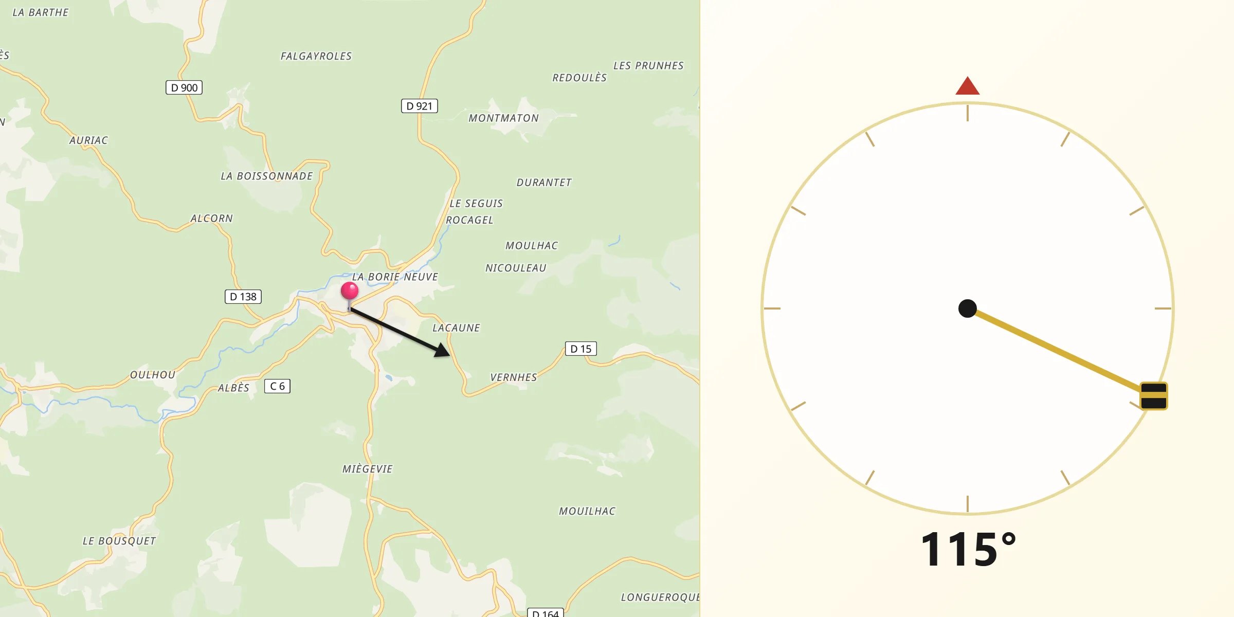 Direction vers la Qibla depuis Laguiole