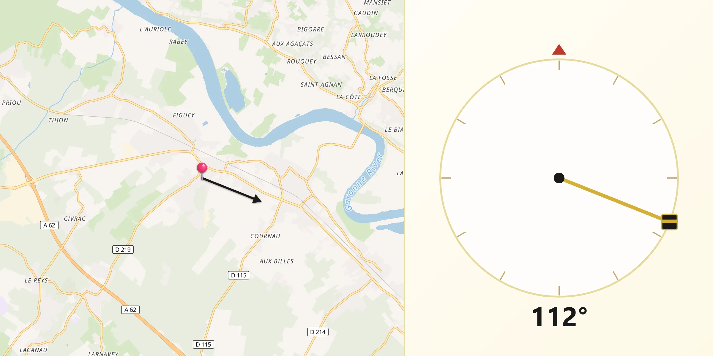 Direction vers la Qibla depuis Castres-Gironde