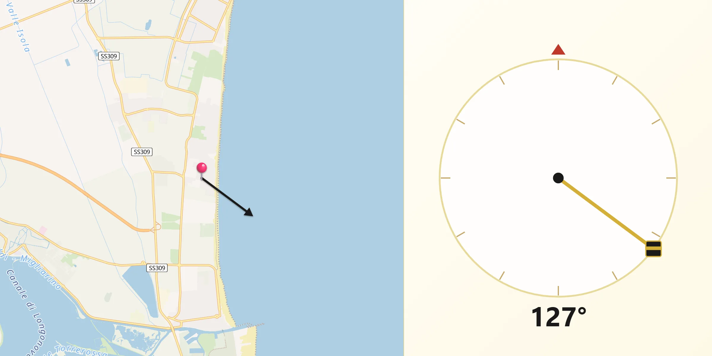 Direzione della Qibla da Lido di Pomposa-Lido degli Scacchi