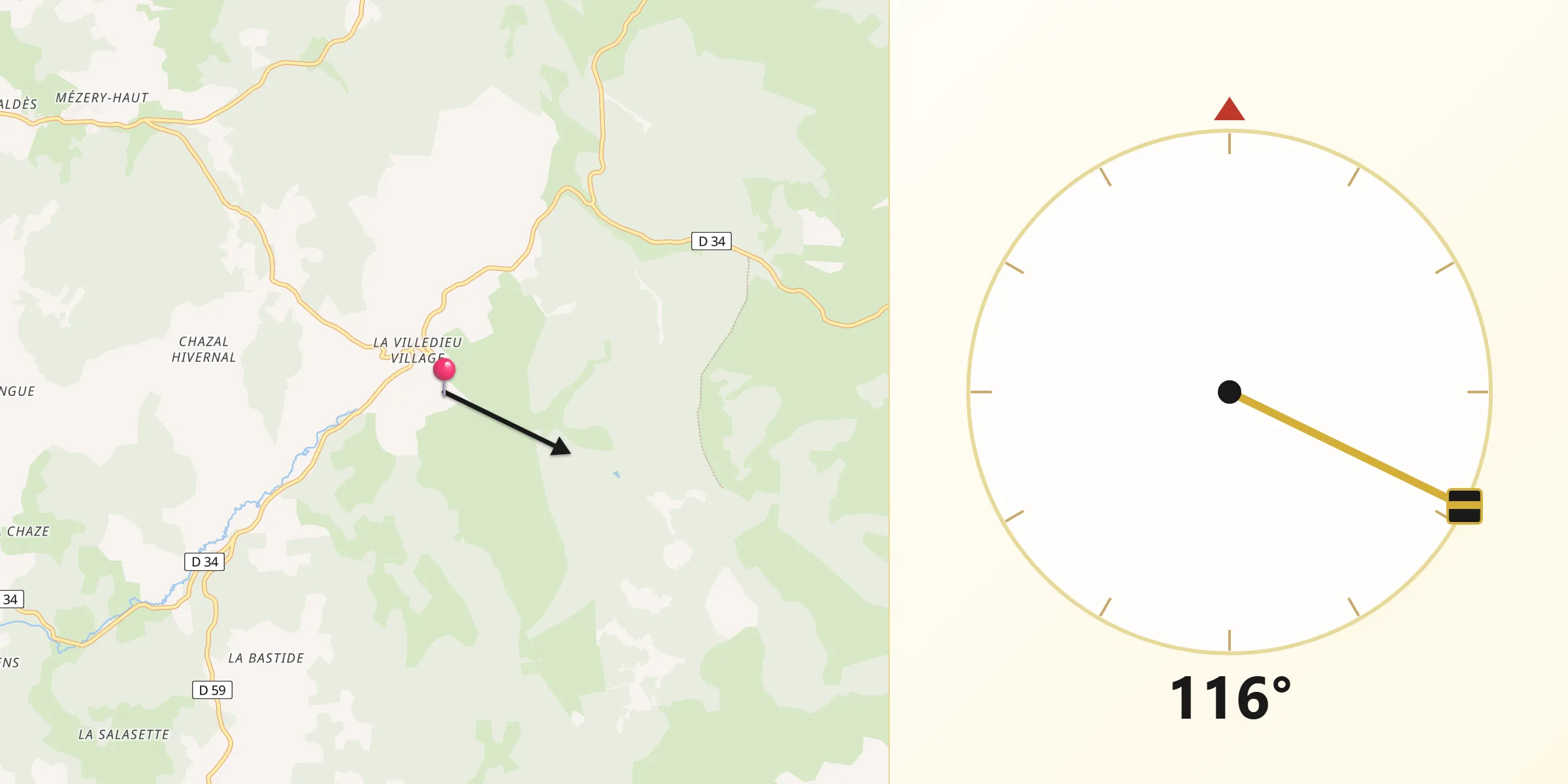 Direction vers la Qibla depuis Saint-Sauveur-de-Ginestoux