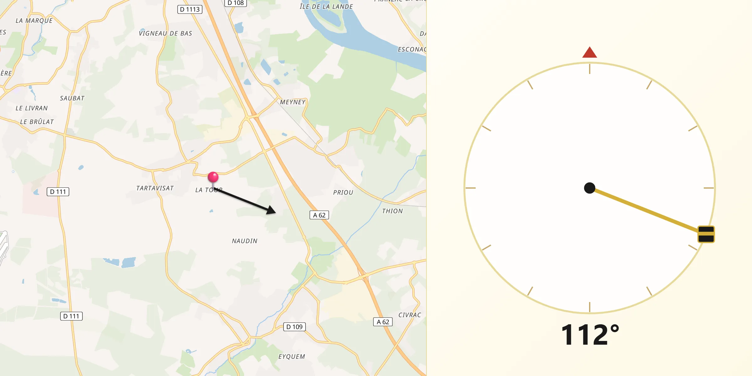 Direction vers la Qibla depuis Martillac