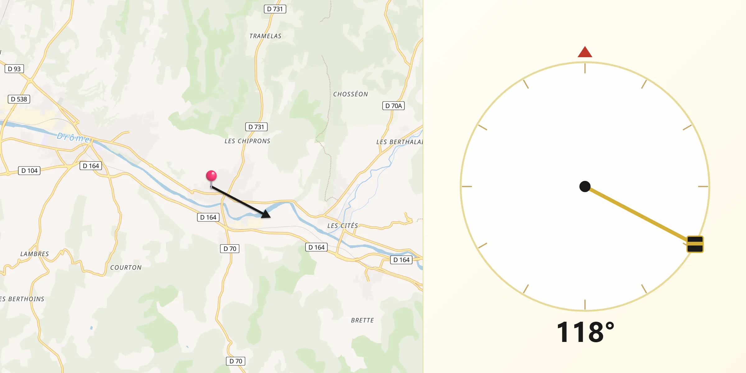 Direction vers la Qibla depuis Aouste-sur-Sye