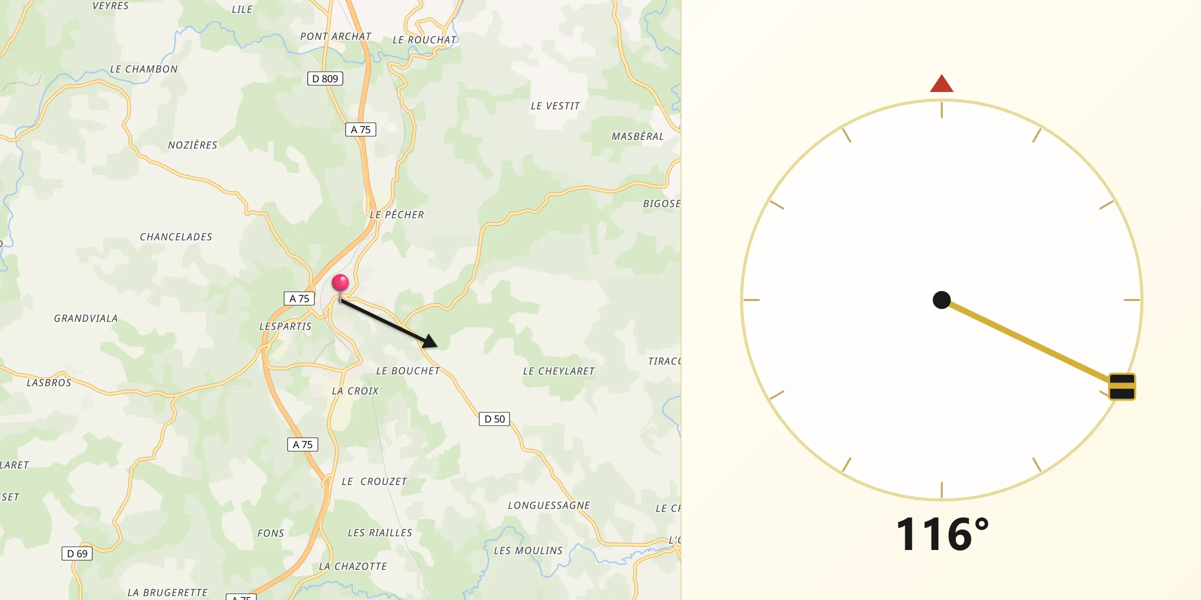 Direction vers la Qibla depuis Aumont-Aubrac