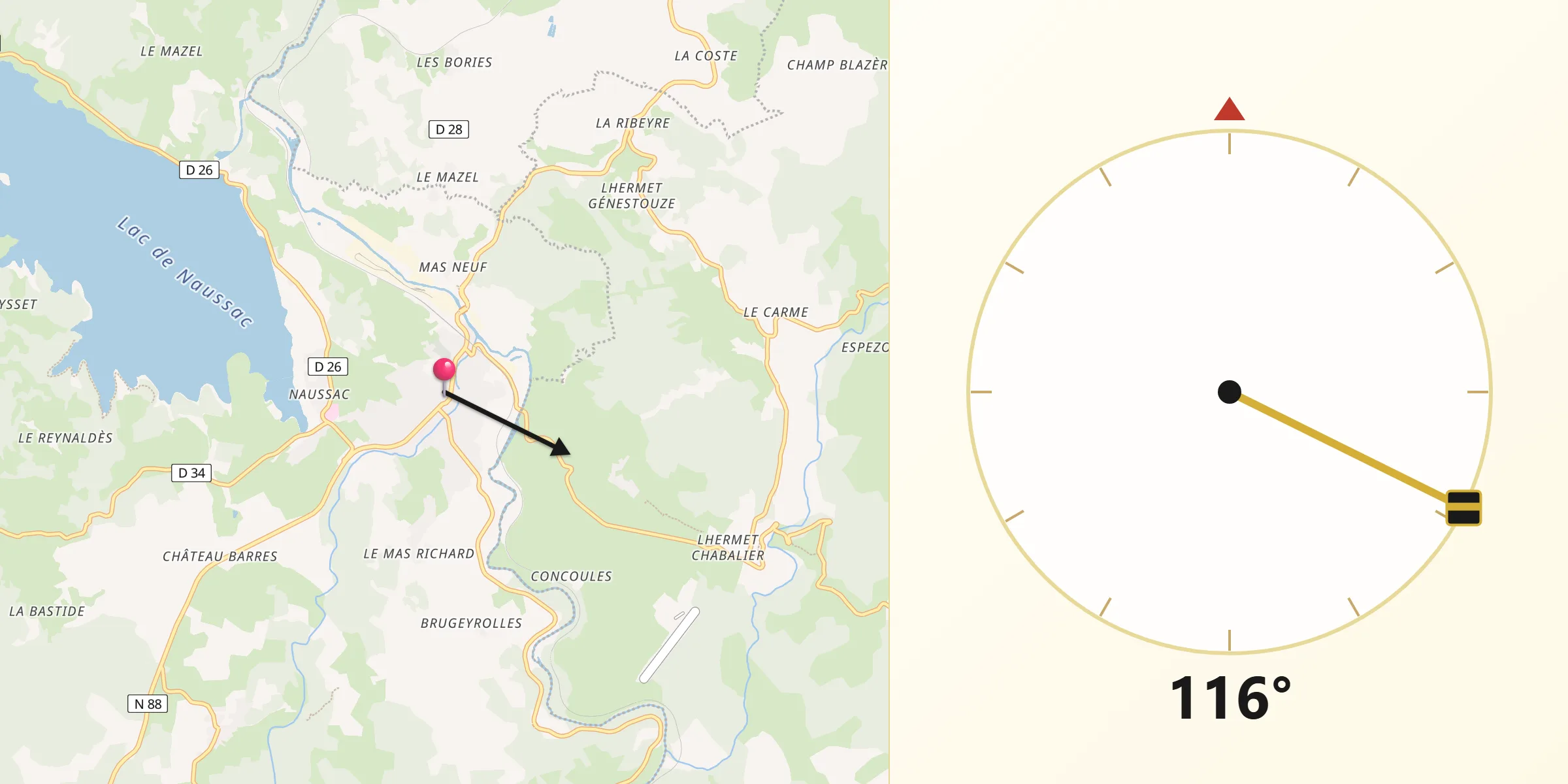 Direction vers la Qibla depuis Langogne