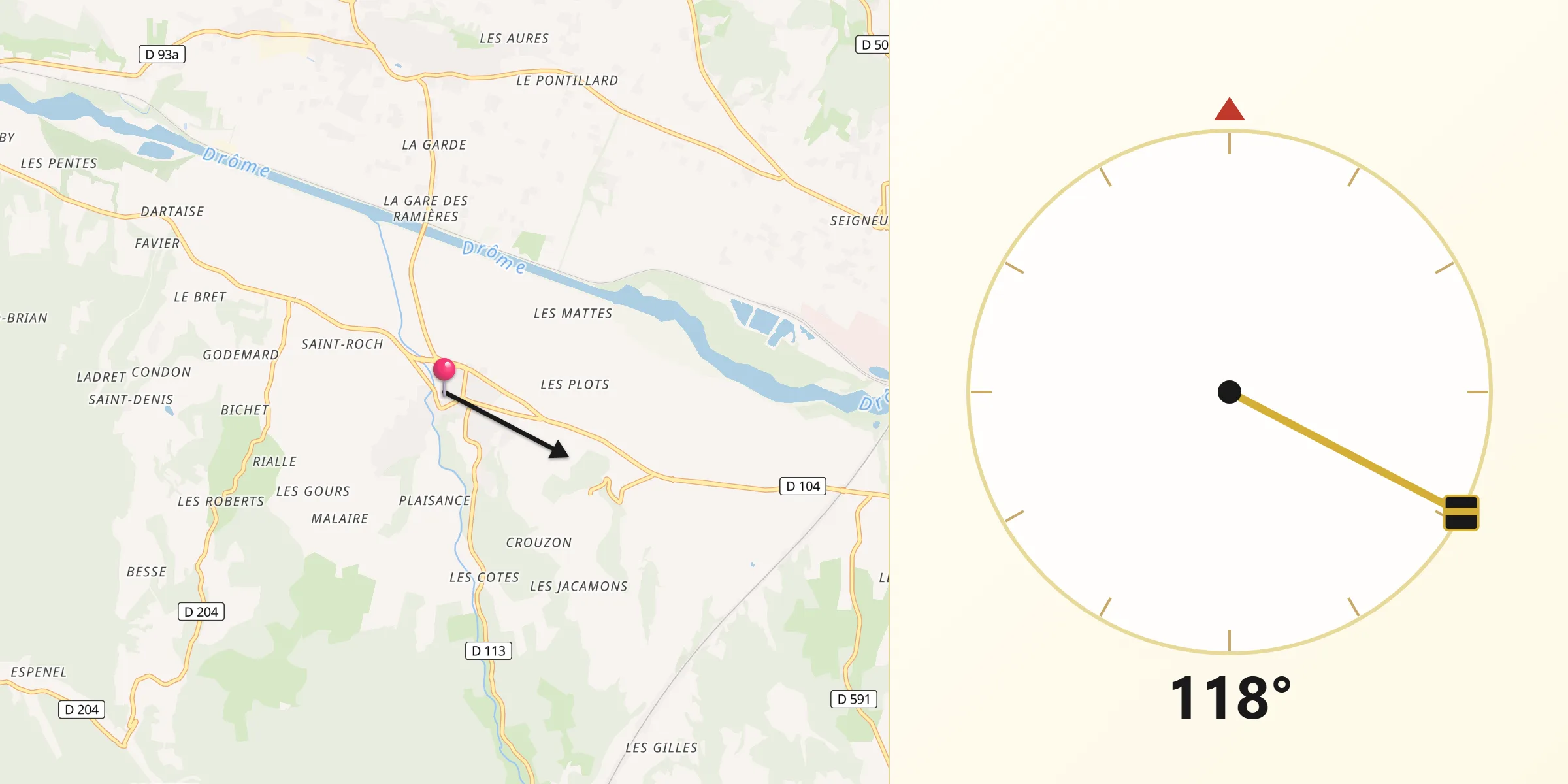 Direction vers la Qibla depuis Grane