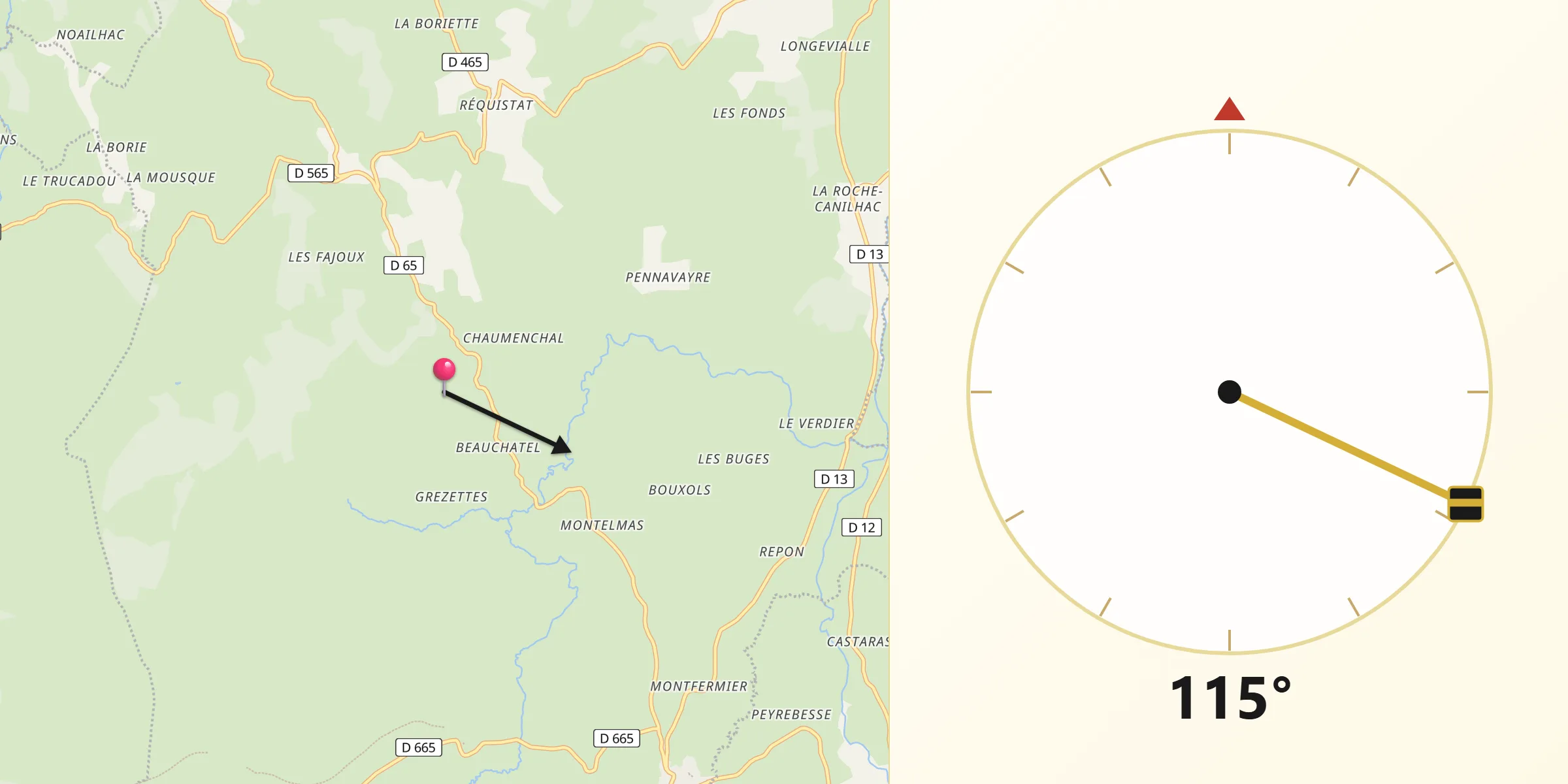 Direction vers la Qibla depuis Grandvals