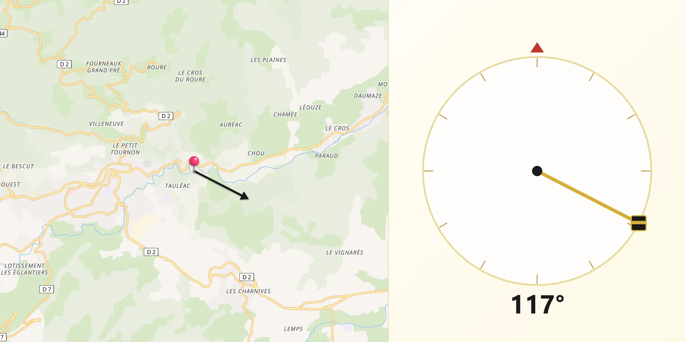 Direction vers la Qibla depuis Coux