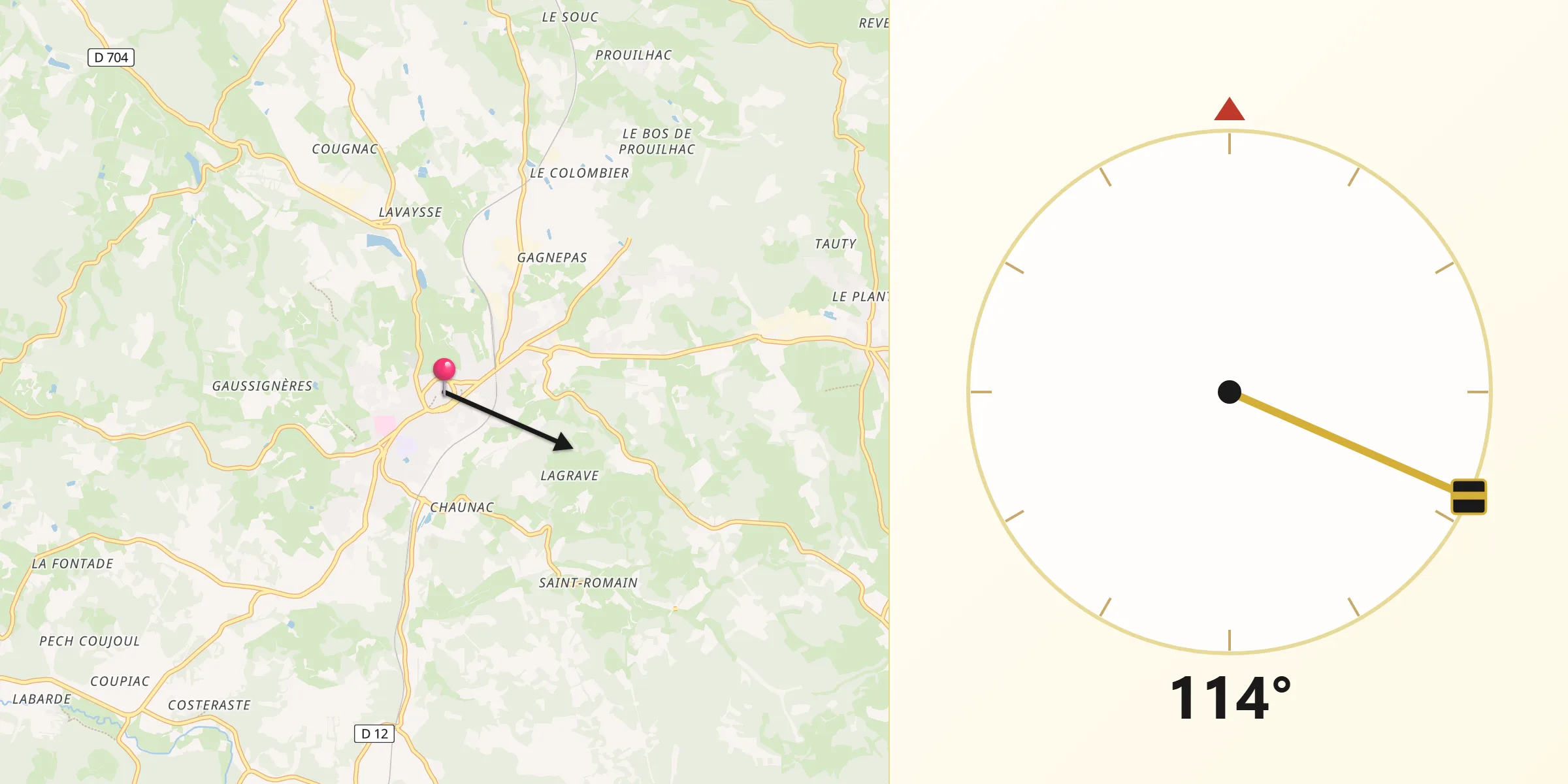 Direction vers la Qibla depuis Gourdon