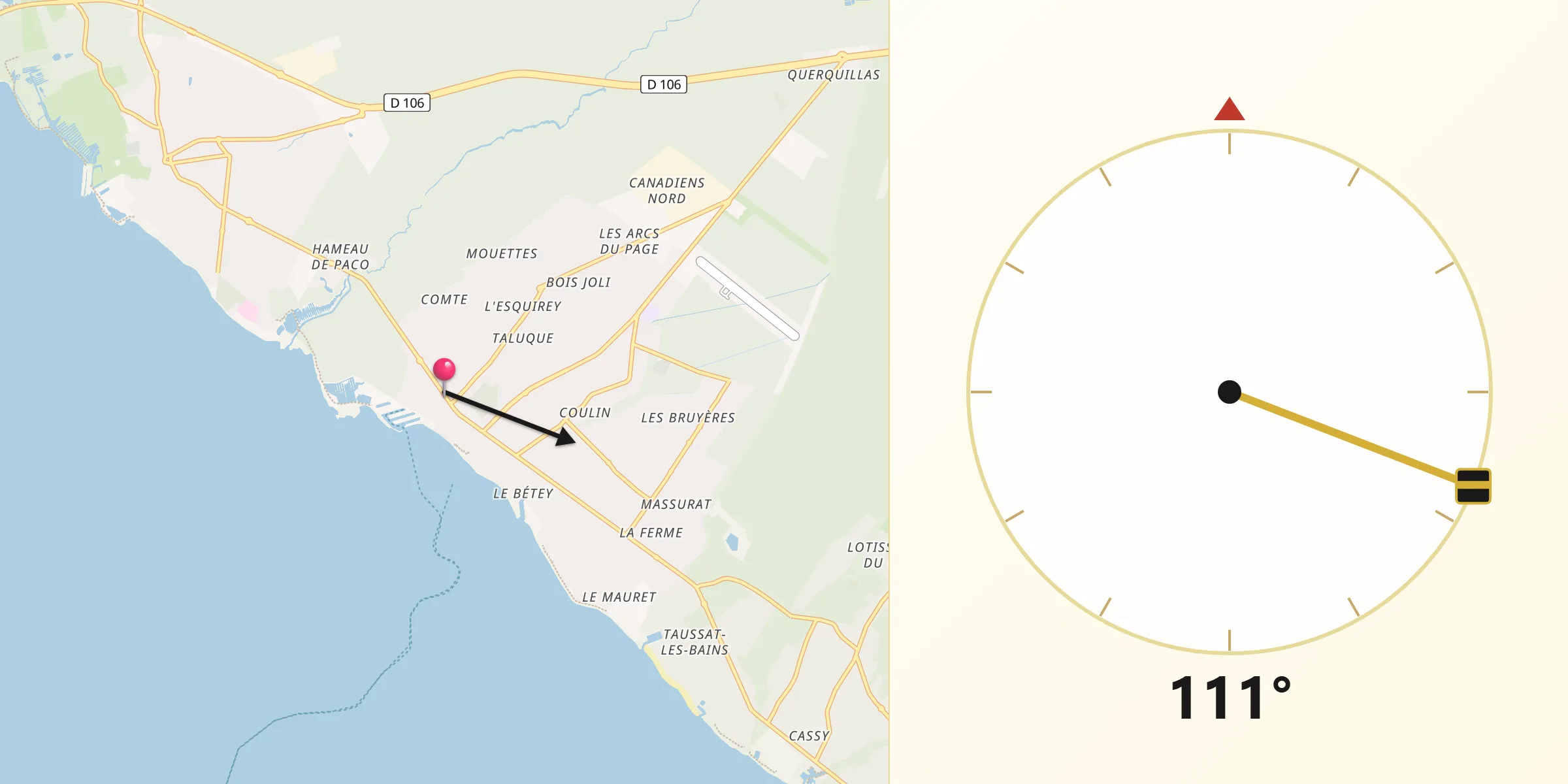 Direction vers la Qibla depuis Andernos-les-Bains