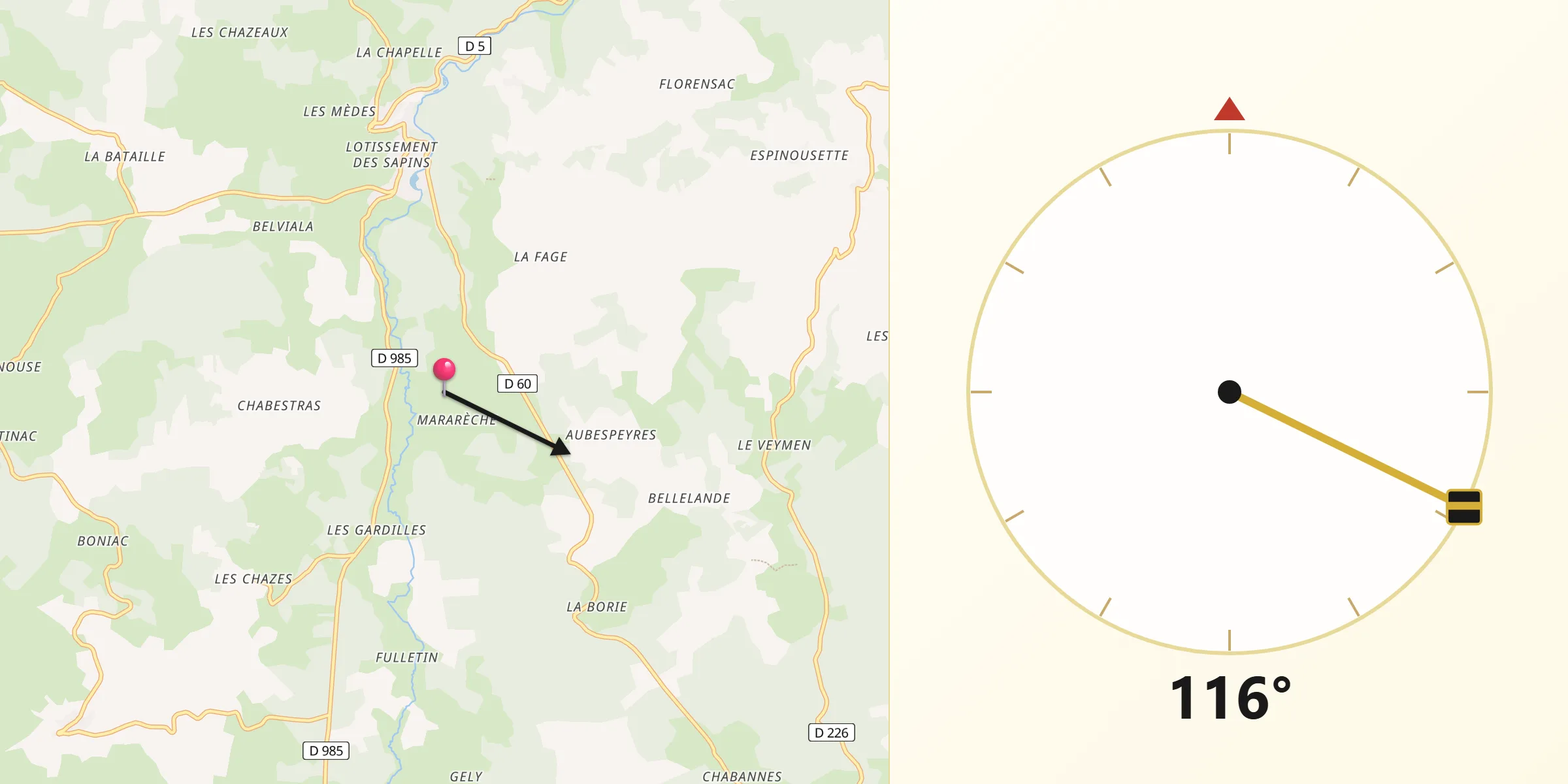 Direction vers la Qibla depuis Auroux