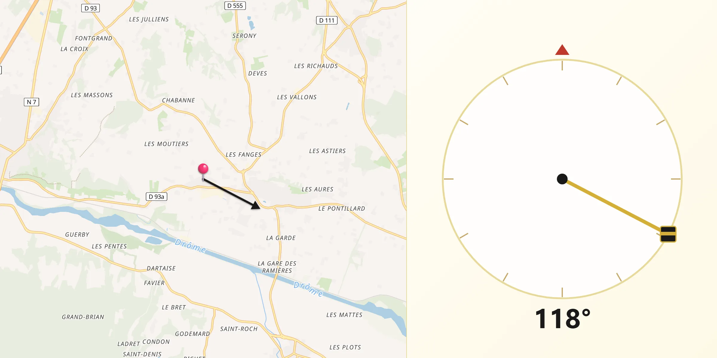Direction vers la Qibla depuis Allex