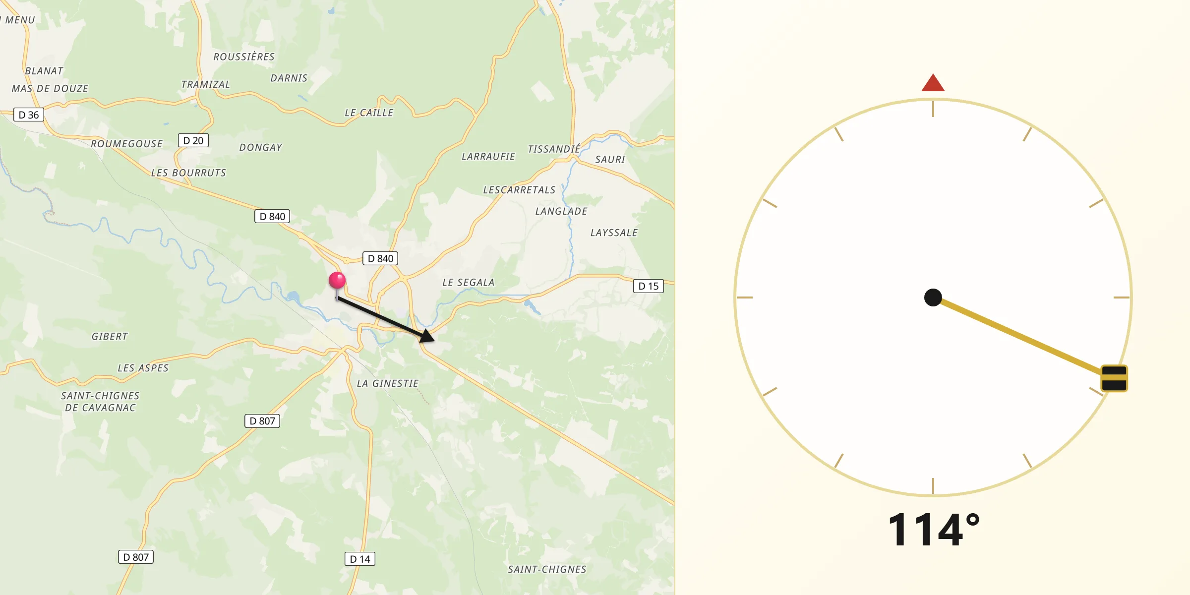 Direction vers la Qibla depuis Gramat