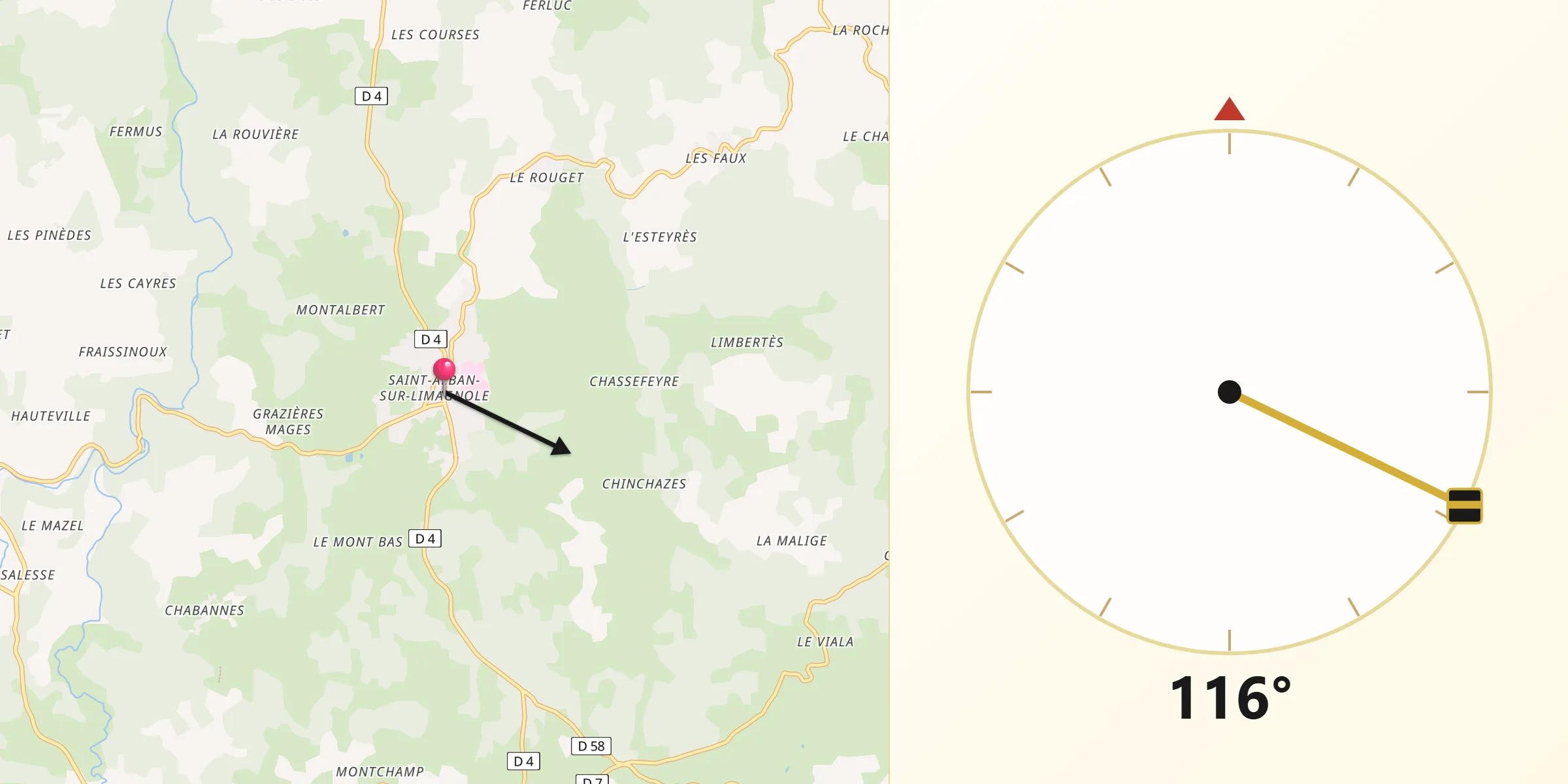 Direction vers la Qibla depuis Saint-Alban-sur-Limagnole
