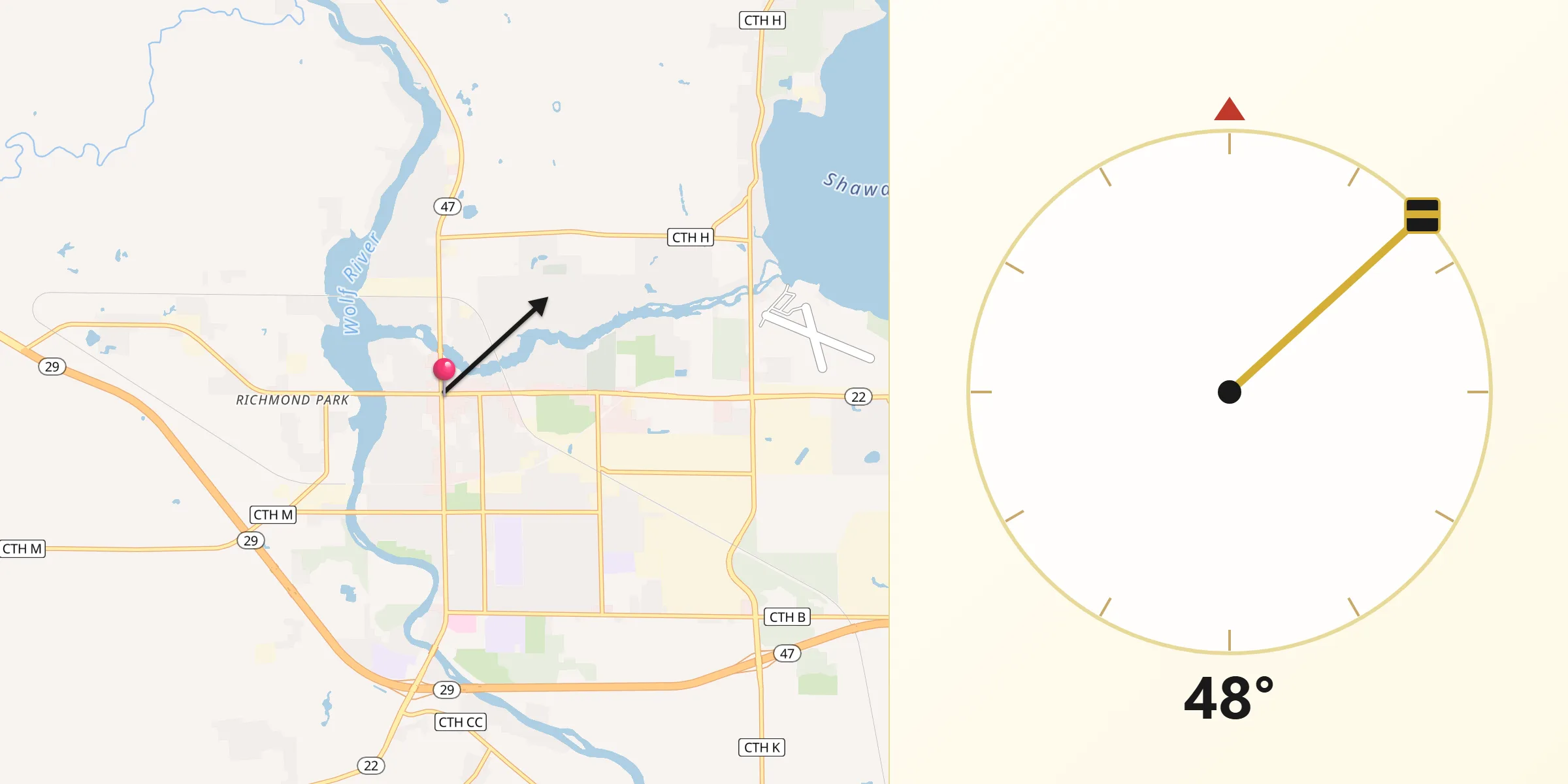 Qibla Direction from Shawano