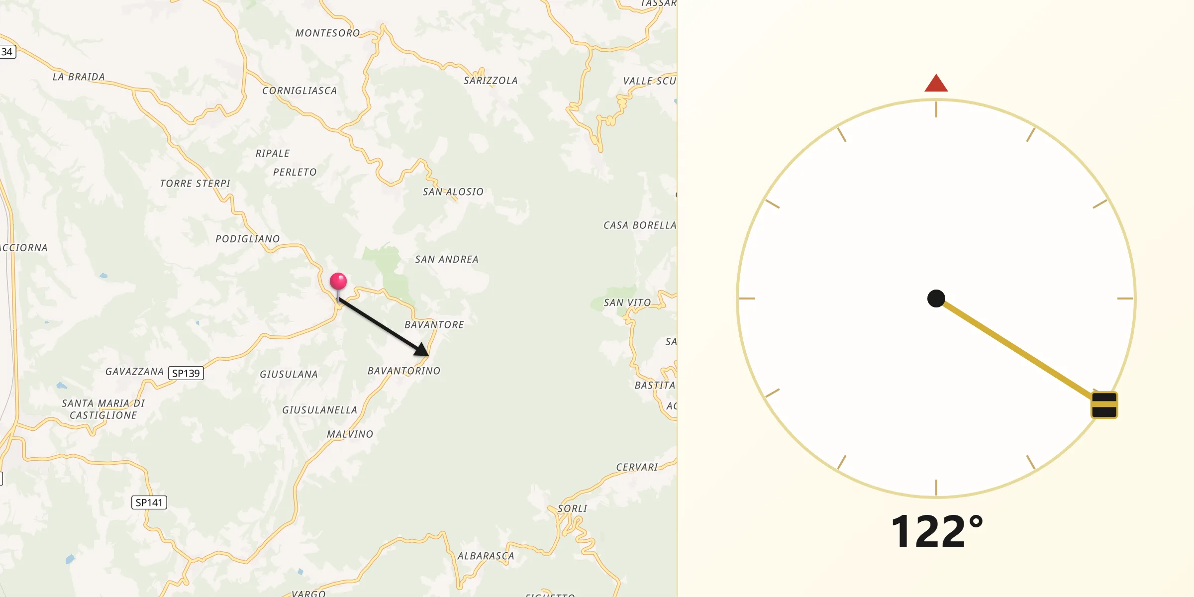 Direzione della Qibla da Sant'Agata Fossili