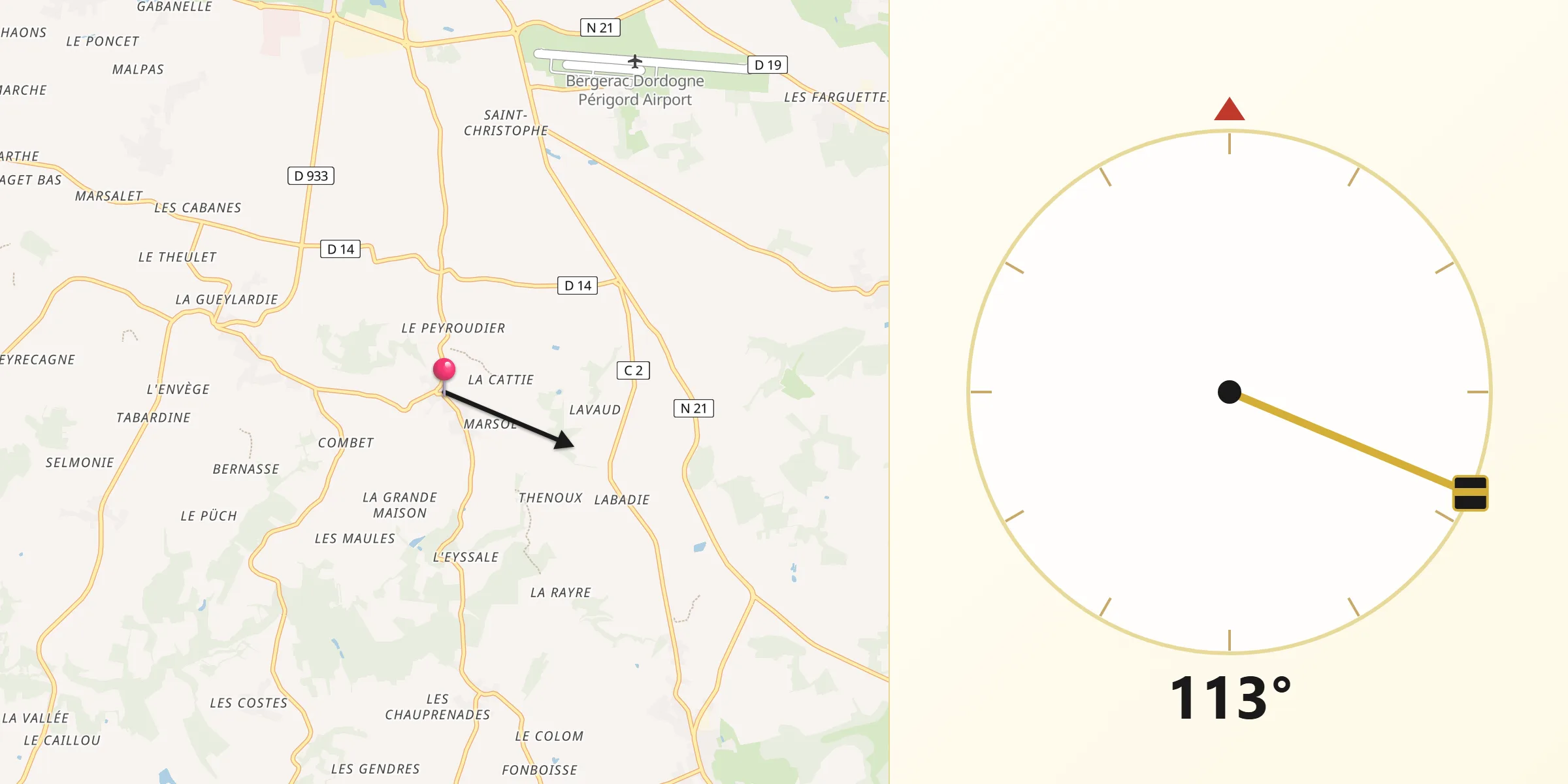 Direction vers la Qibla depuis Monbazillac