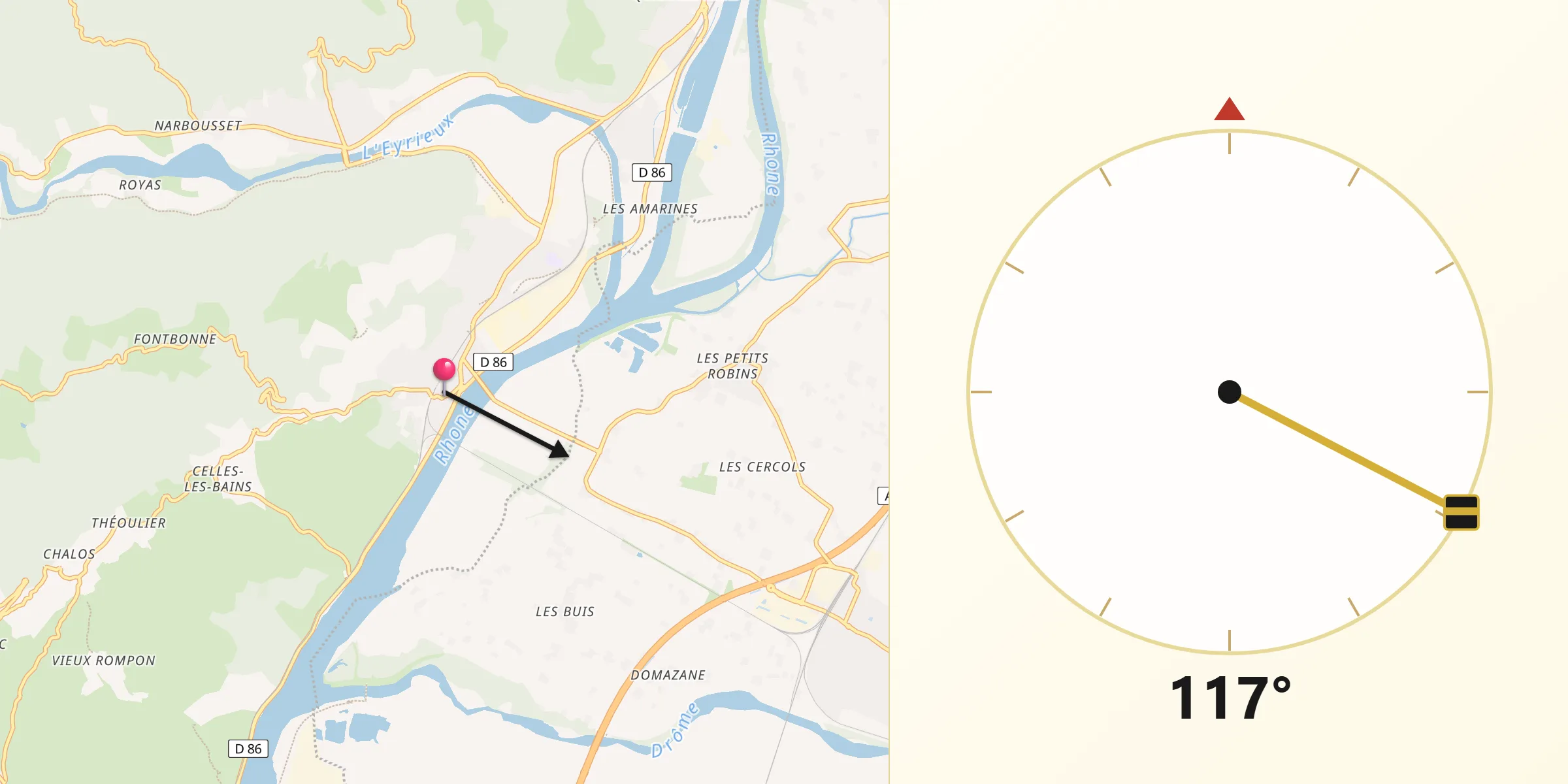 Direction vers la Qibla depuis La Voulte-sur-Rhône