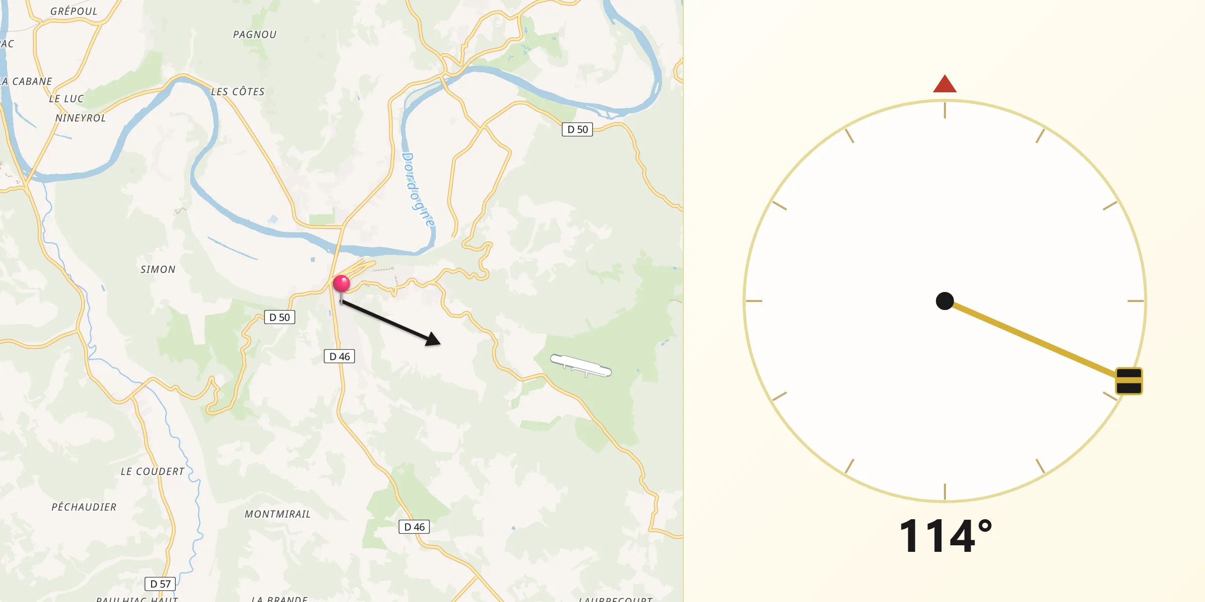 Direction vers la Qibla depuis Cénac-et-Saint-Julien