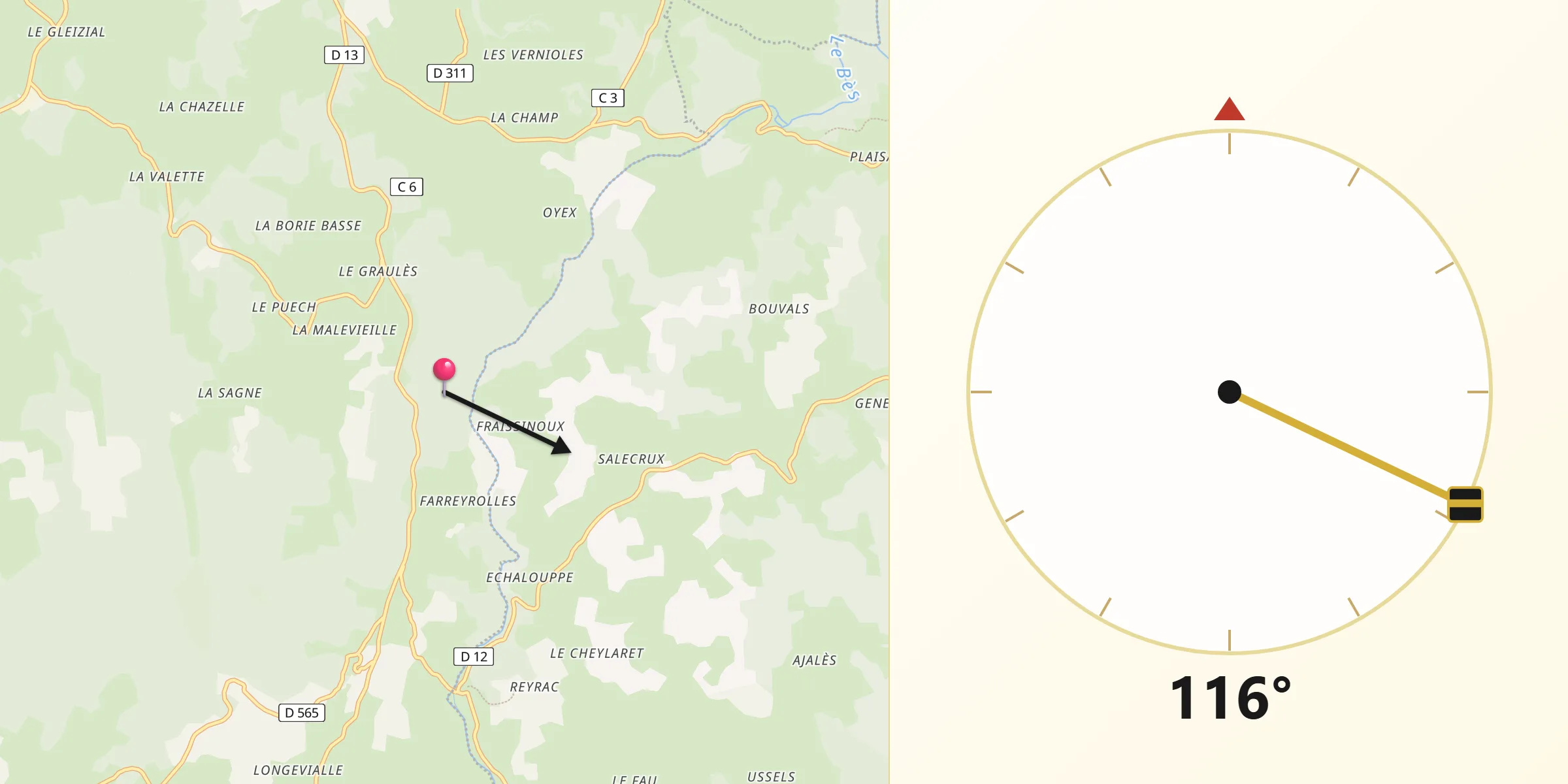 Direction vers la Qibla depuis Noalhac