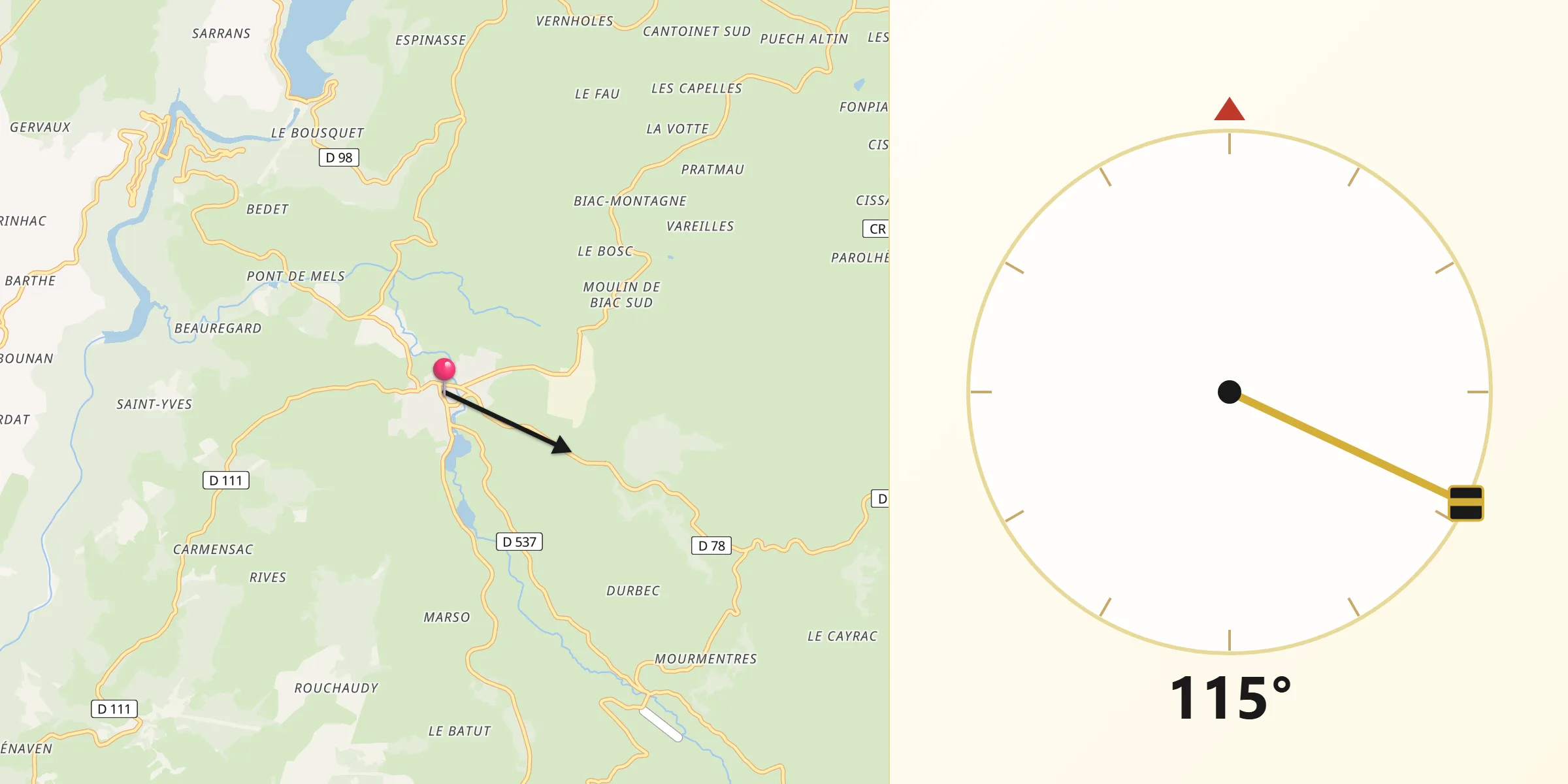 Direction vers la Qibla depuis Sainte-Geneviève-sur-Argence