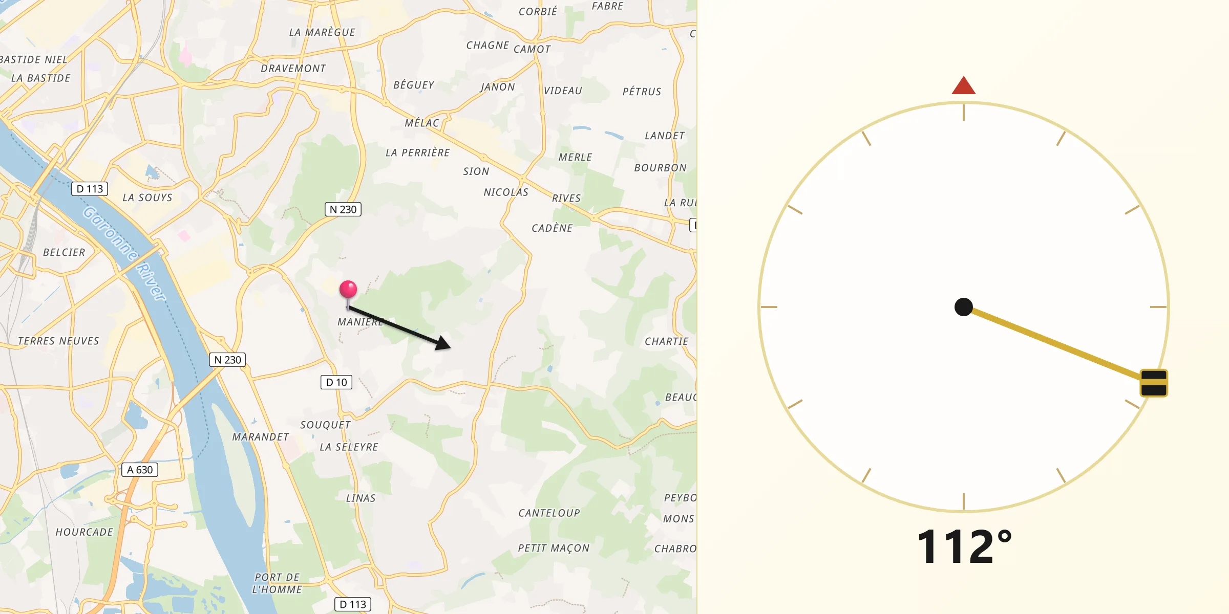 Direction vers la Qibla depuis Bouliac