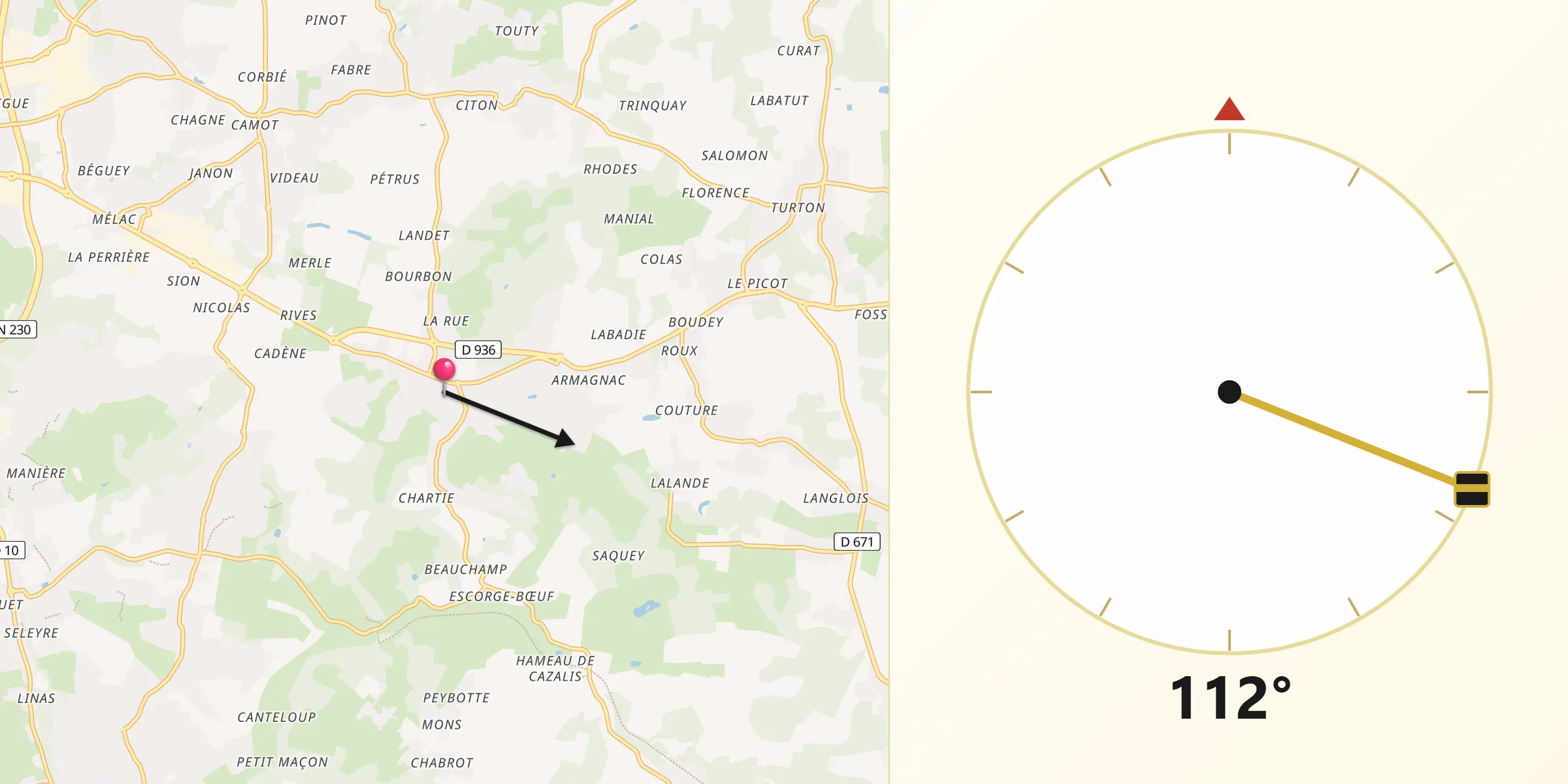 Direction vers la Qibla depuis Fargues-Saint-Hilaire