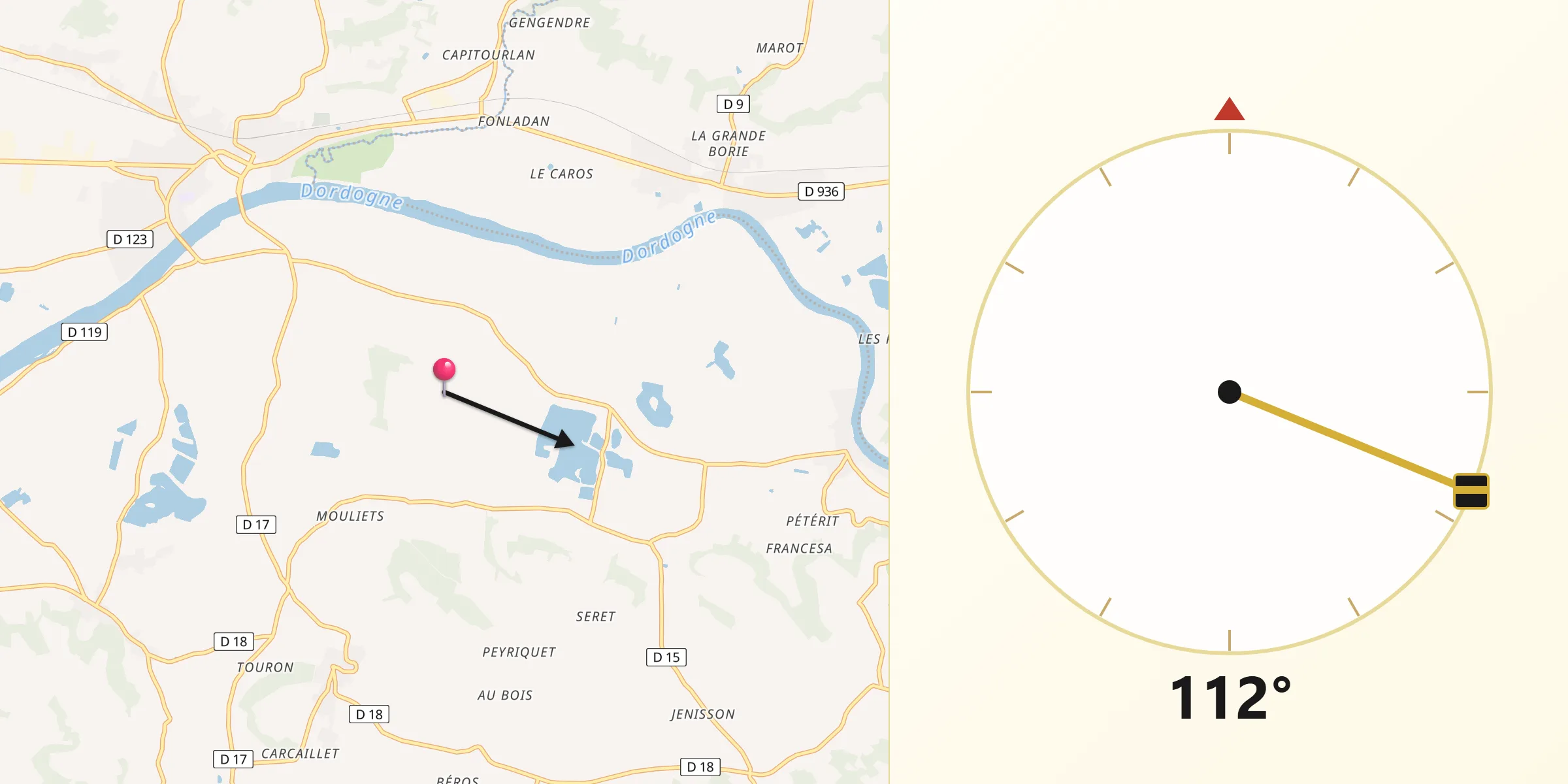 Direction vers la Qibla depuis Mouliets-et-Villemartin