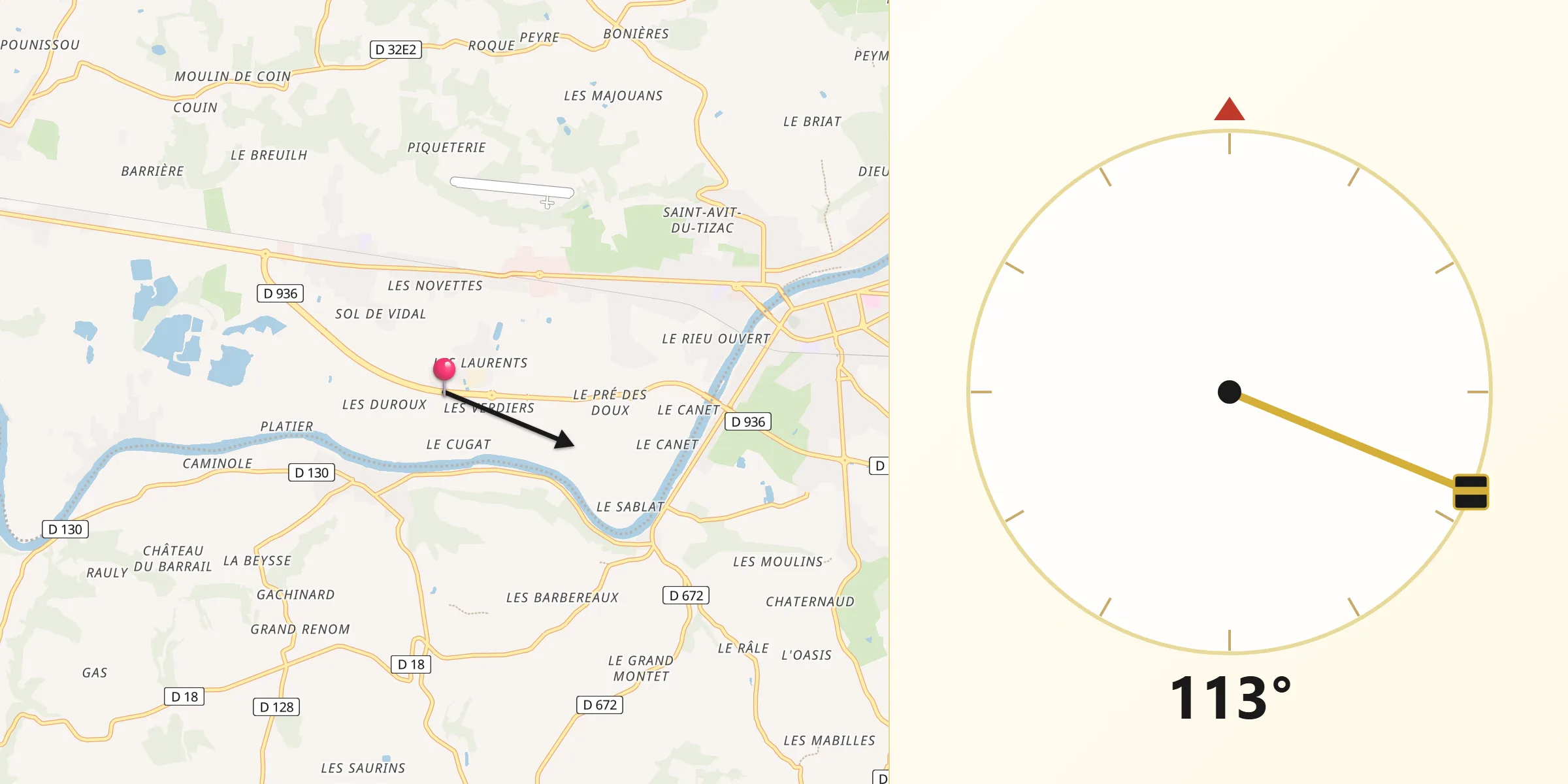 Direction vers la Qibla depuis Saint-Antoine-de-Breuilh