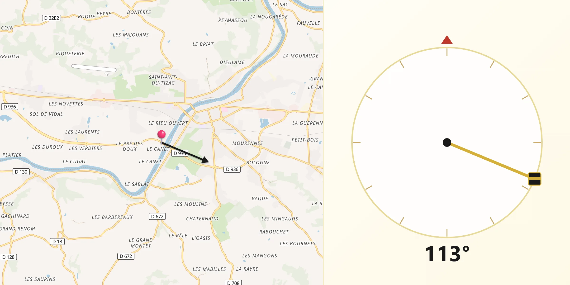Direction vers la Qibla depuis Port-Sainte-Foy-et-Ponchapt