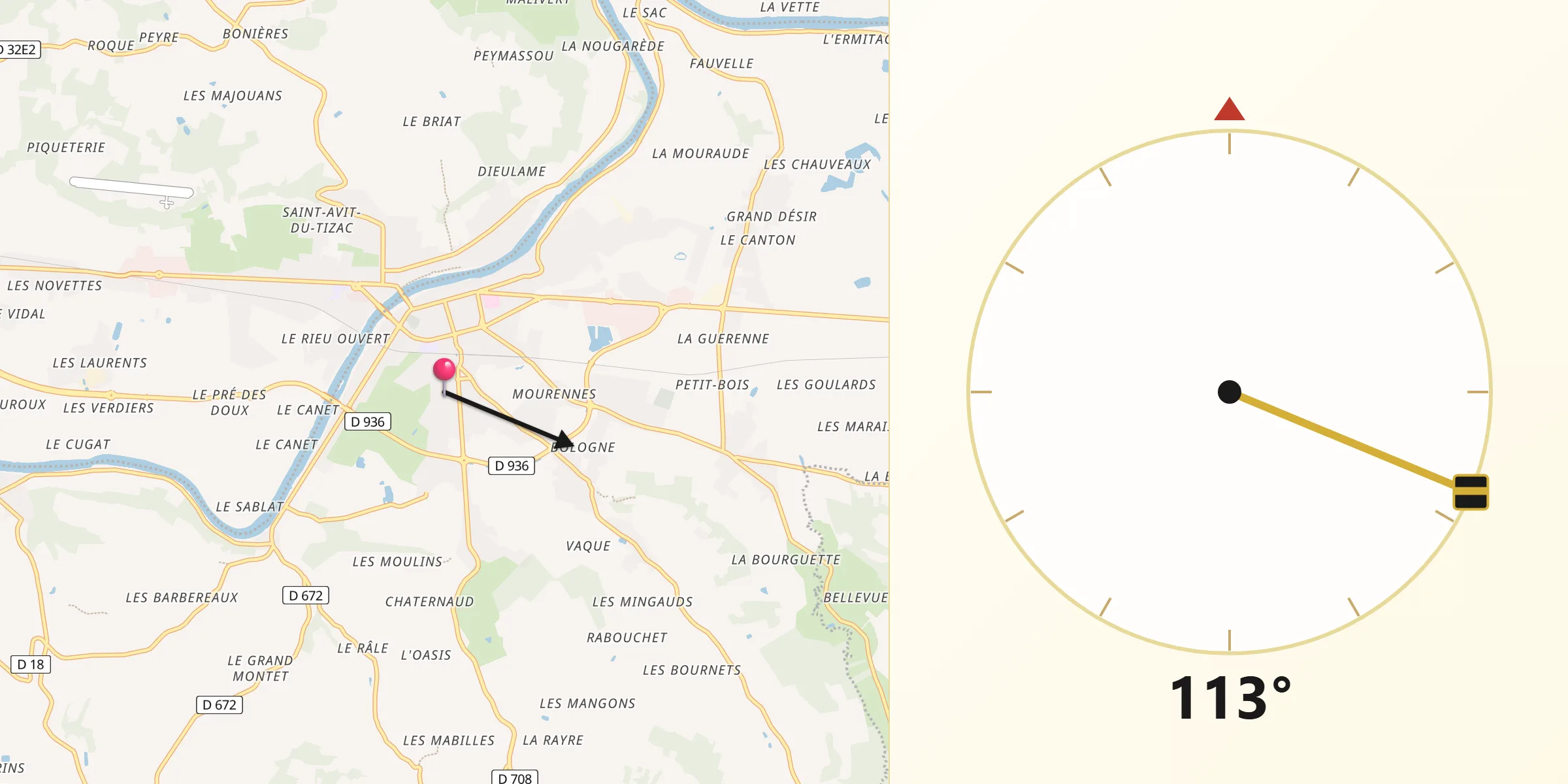 Direction vers la Qibla depuis Sainte-Foy-la-Grande
