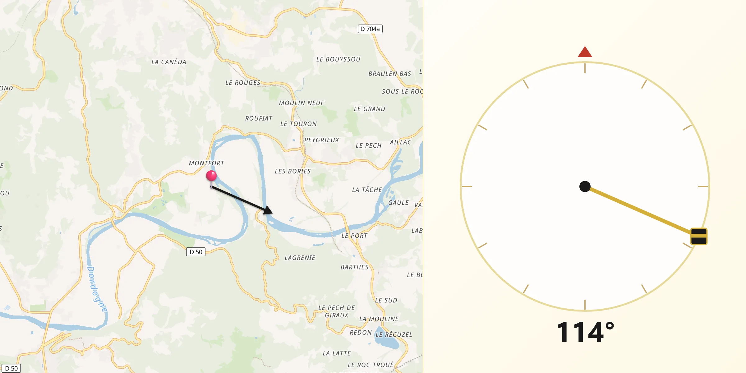 Direction vers la Qibla depuis Carsac-Aillac