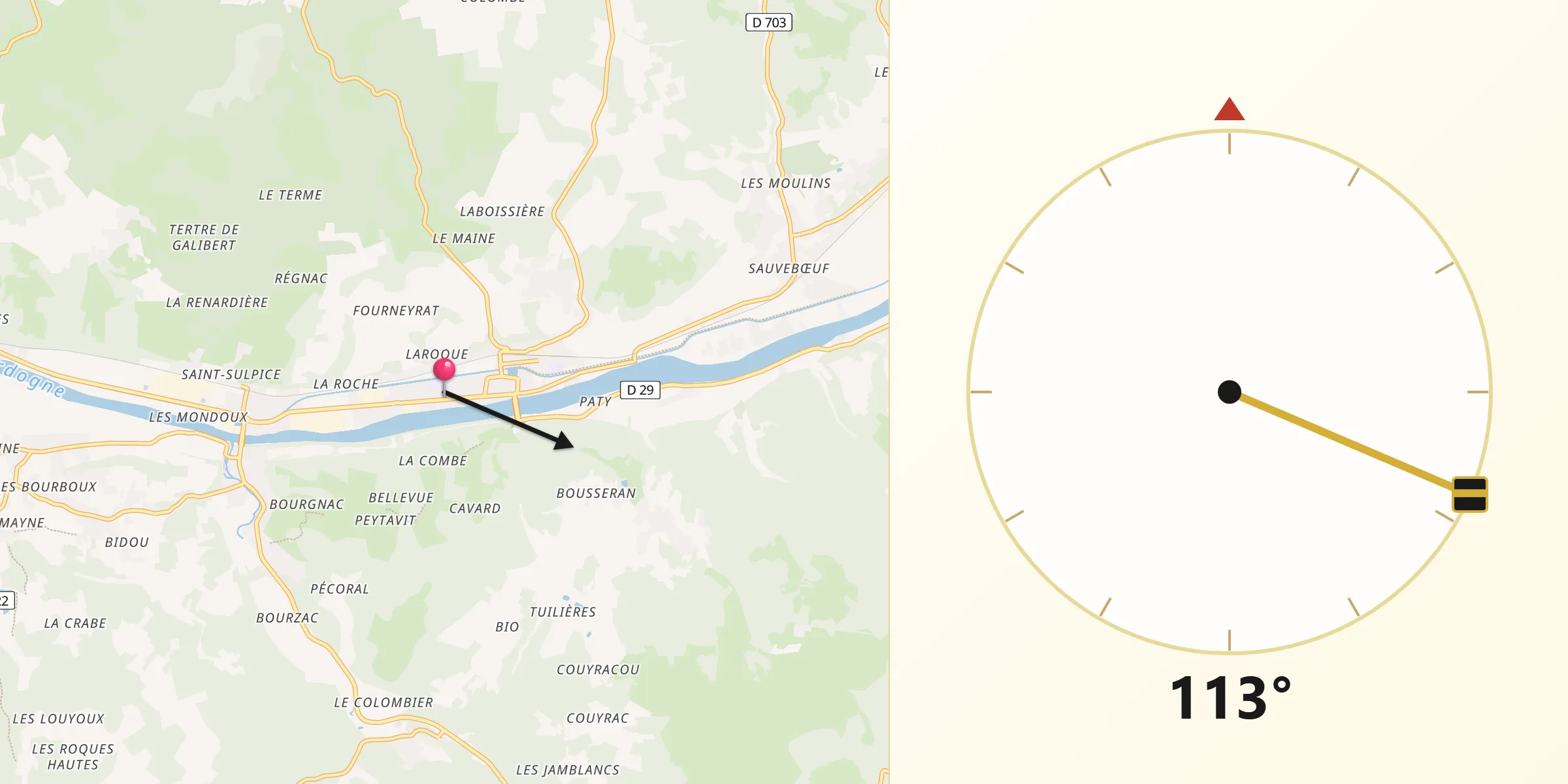 Direction vers la Qibla depuis Lalinde