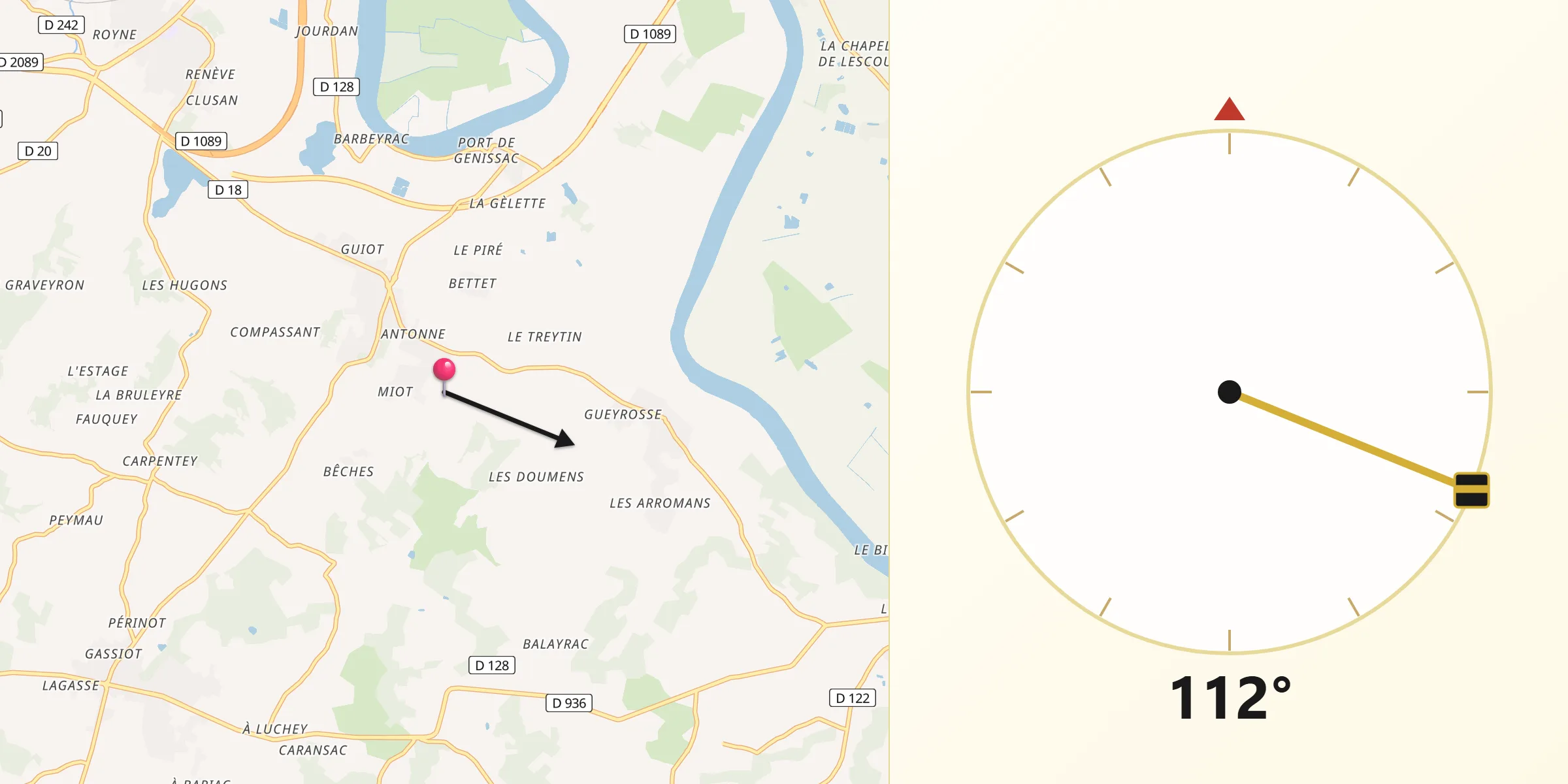 Direction vers la Qibla depuis Génissac