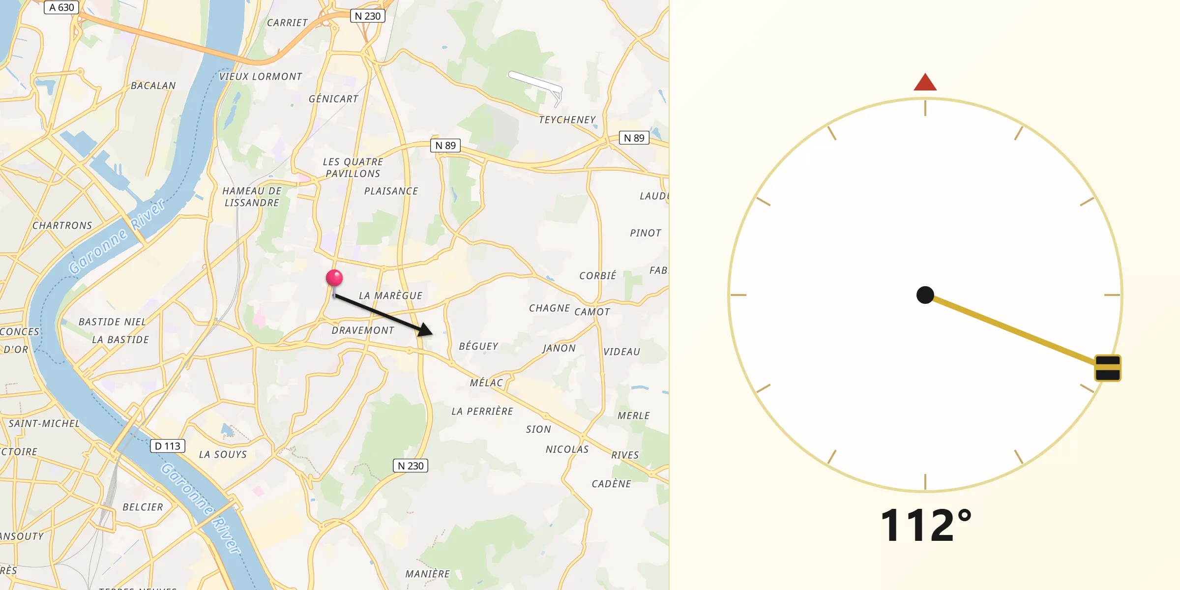 Direction vers la Qibla depuis Artigues-près-Bordeaux