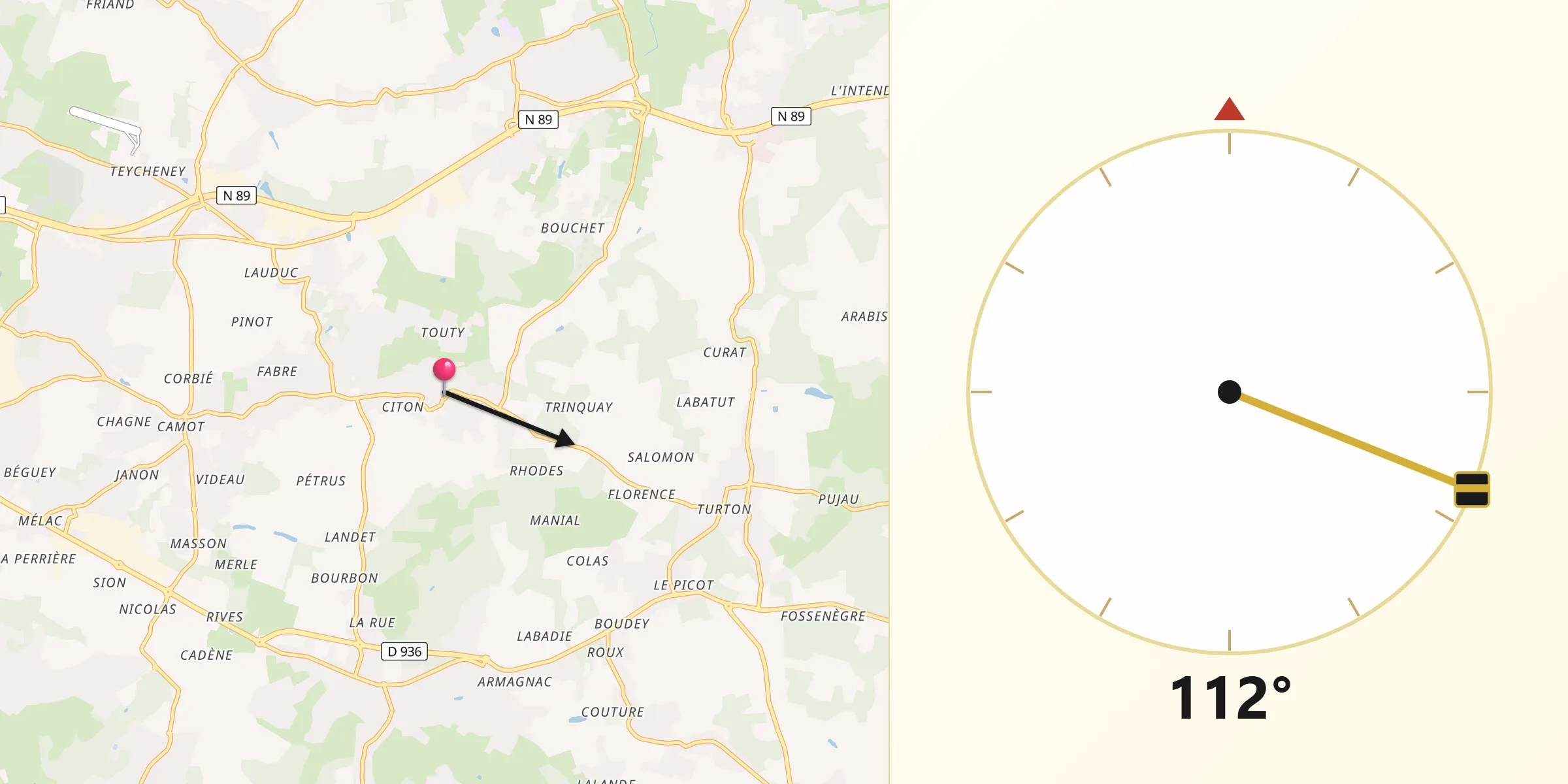 Direction vers la Qibla depuis Pompignac