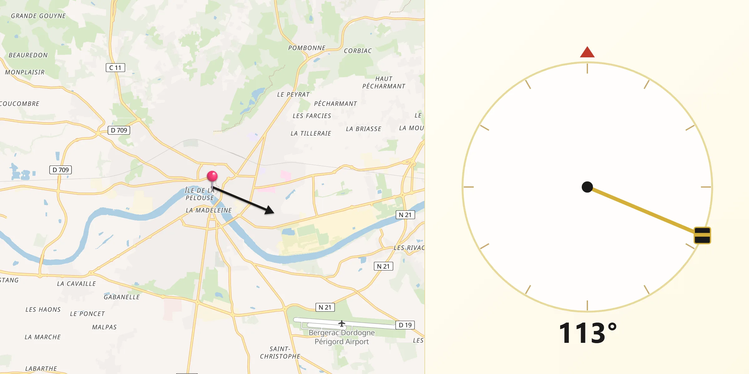 Direction vers la Qibla depuis Bergerac