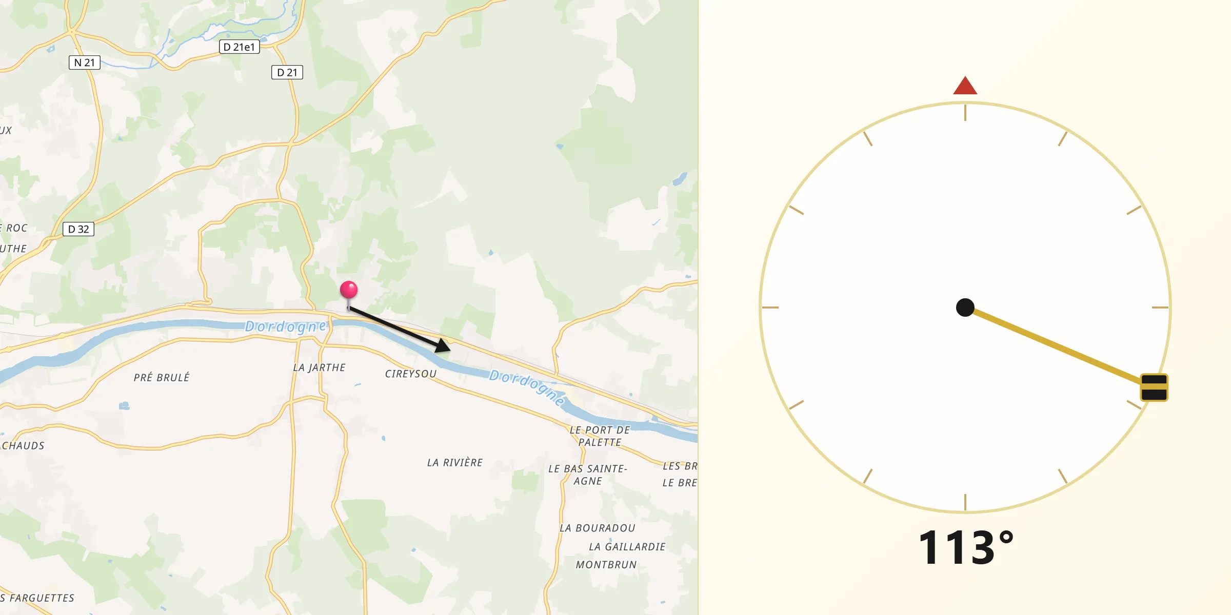 Direction vers la Qibla depuis Mouleydier