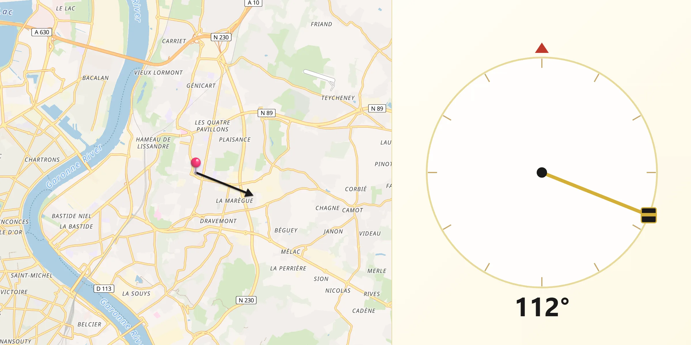 Direction vers la Qibla depuis Cenon
